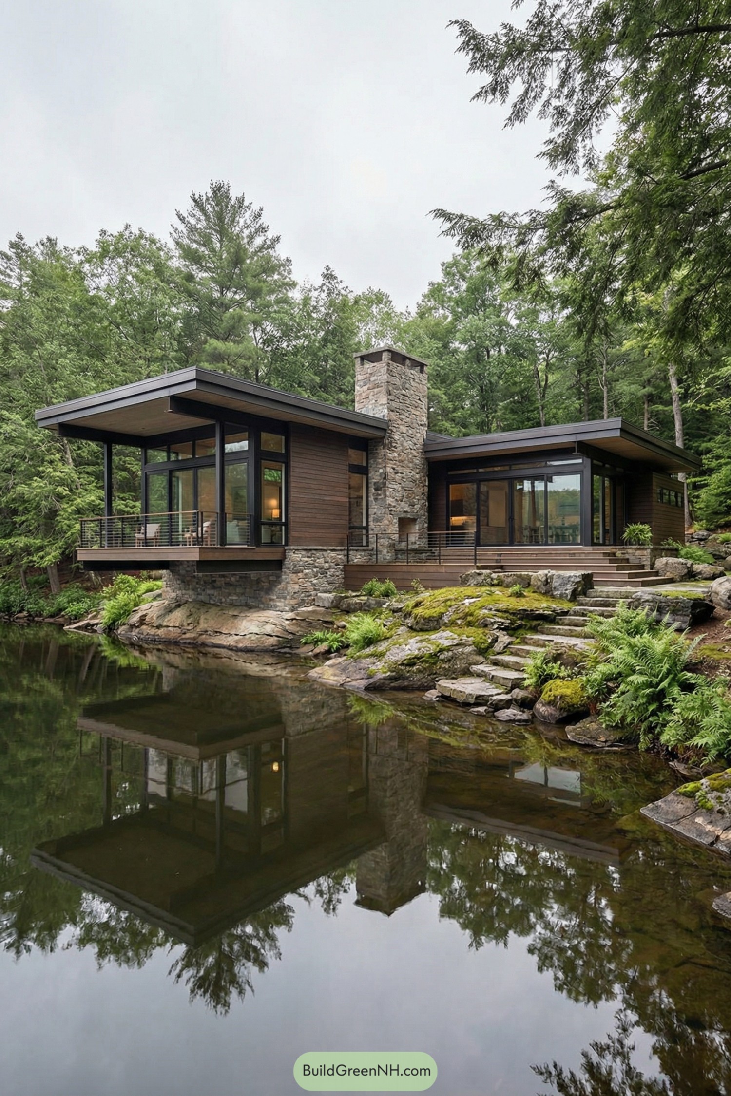 Modern wood and stone house cantilevered over a quiet forest pond