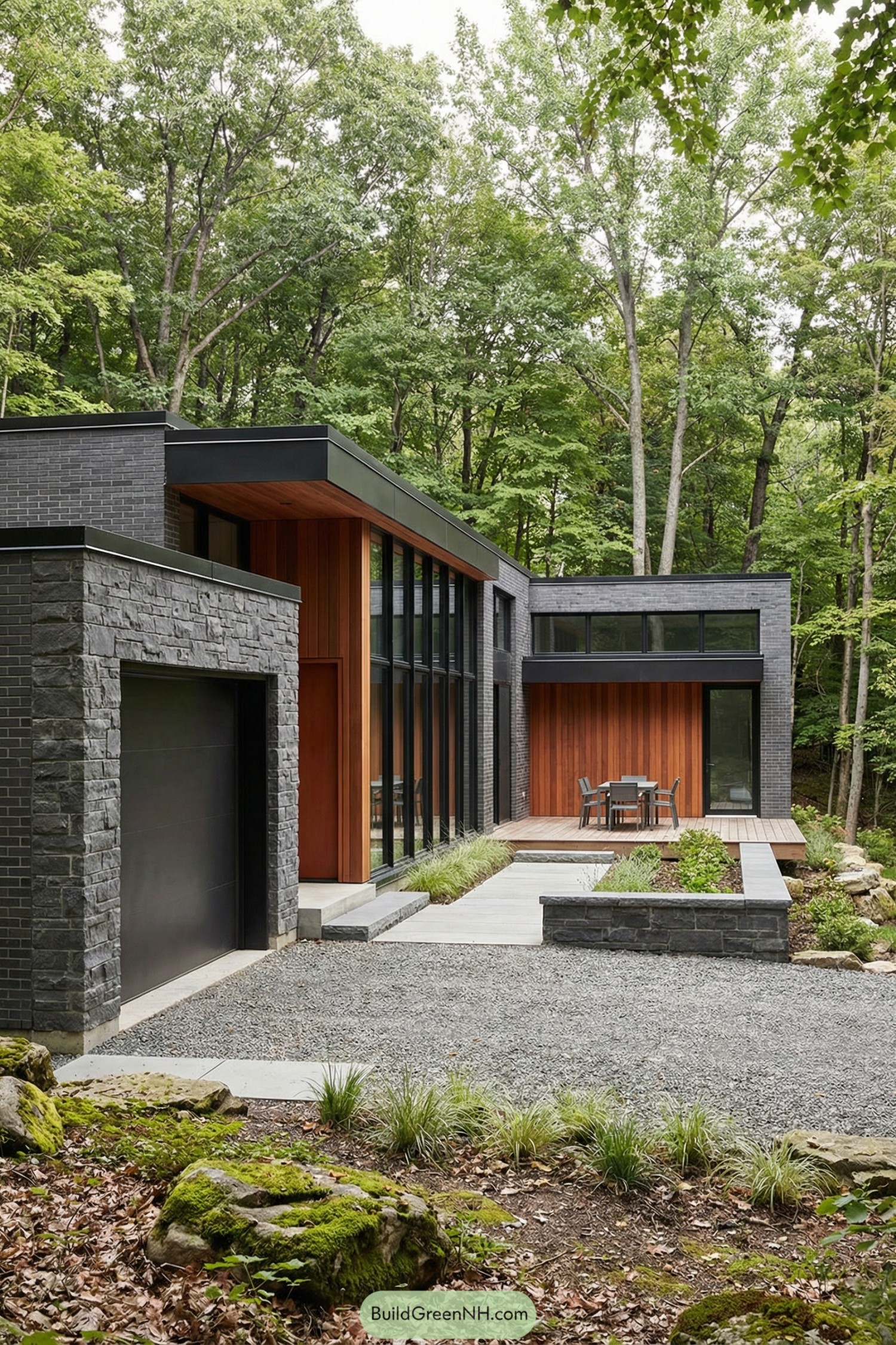Modern forest home with dark stone, warm wood siding, and large glass walls opening to a small deck