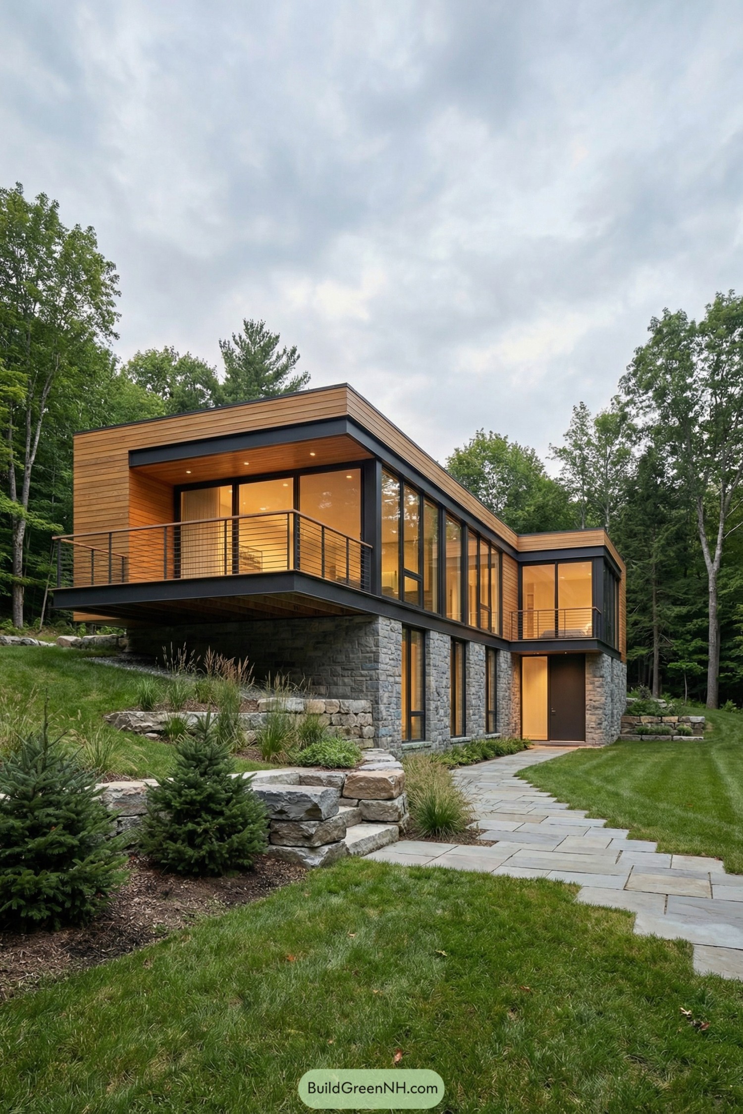 Modern two level house with stone base wood cladding and large glass walls surrounded by forest