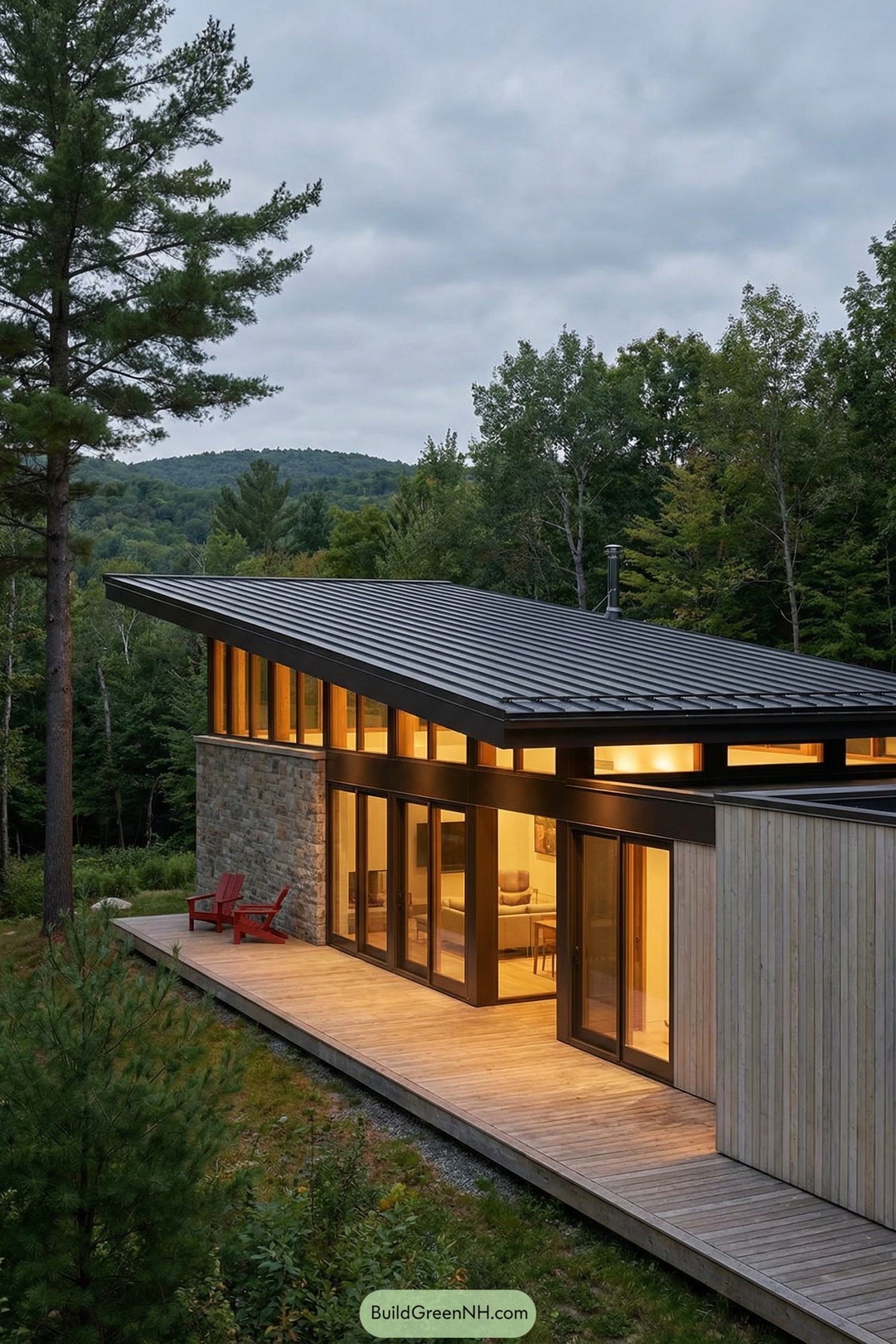 Modern forest house with sloped metal roof stone wall and tall glass front glowing warmly at dusk