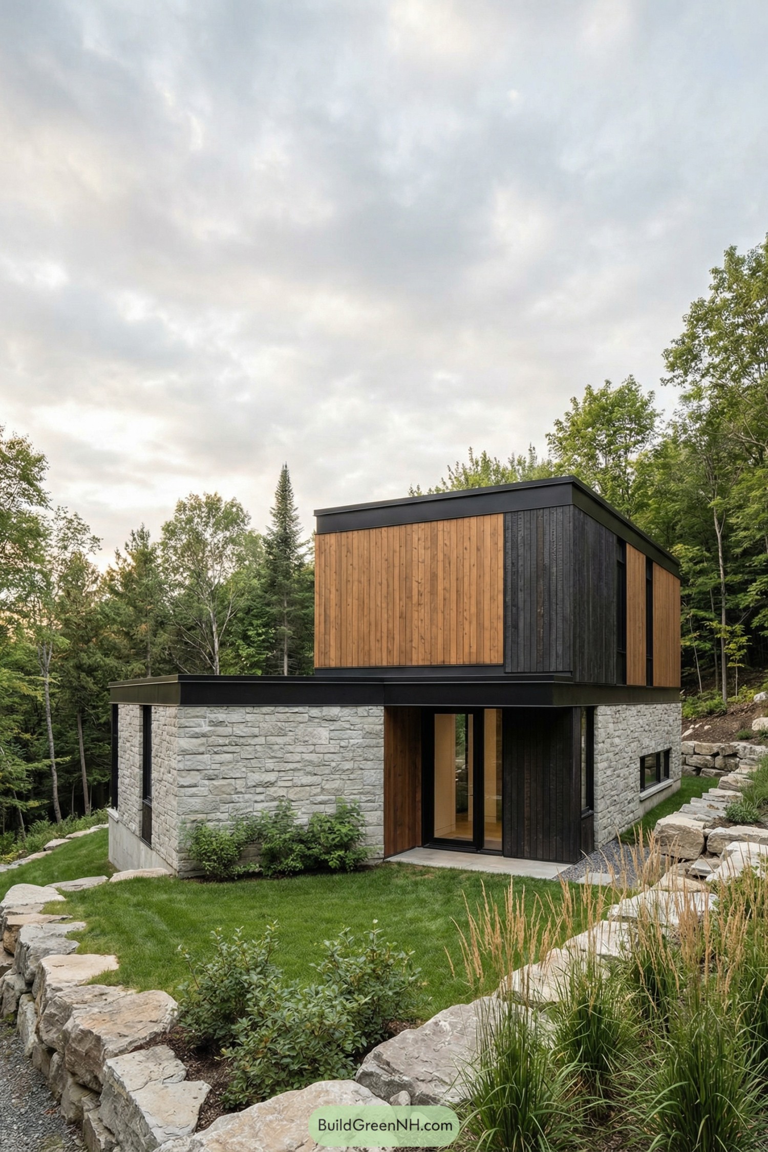 Modern two-story stone and wood house nestled in a green forested hillside