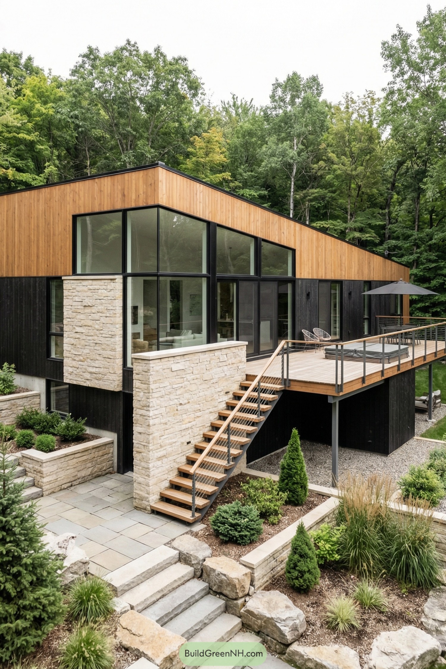 Modern forest house with stone base terraces and wood-clad upper level