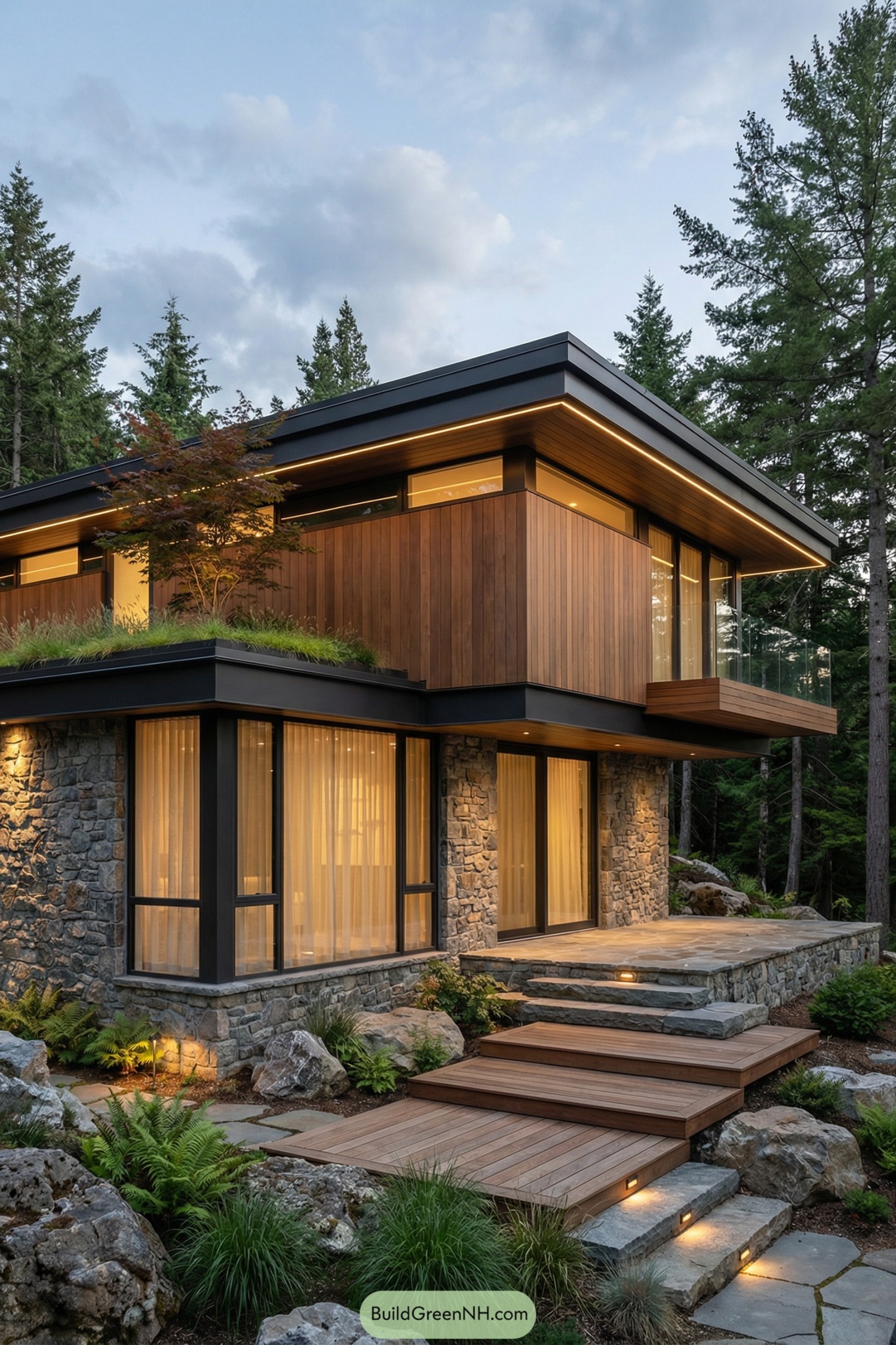 Modern two-story forest home with stone base wood cladding and warm evening glow