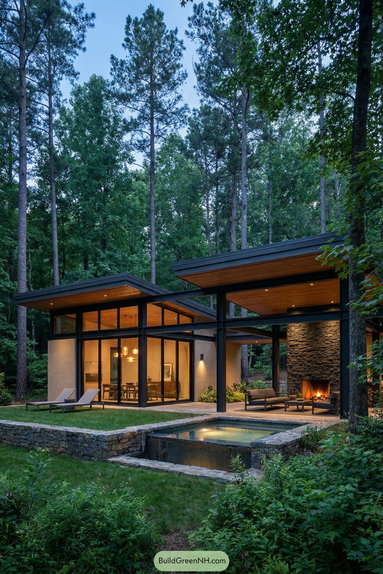Modern forest house with stone patio and pool