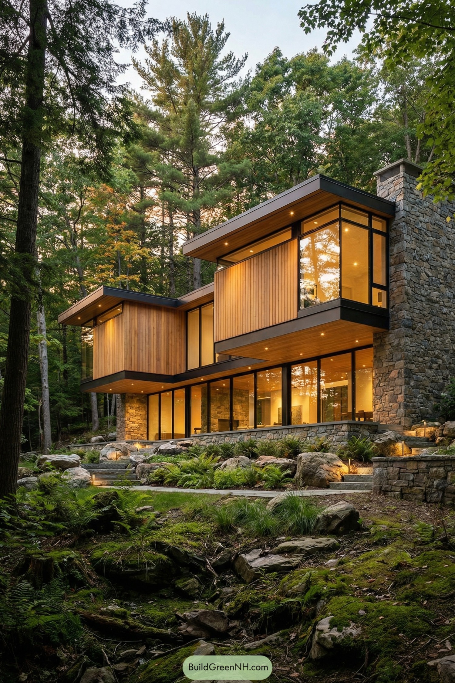 Modern wood and stone house in a lush forest setting