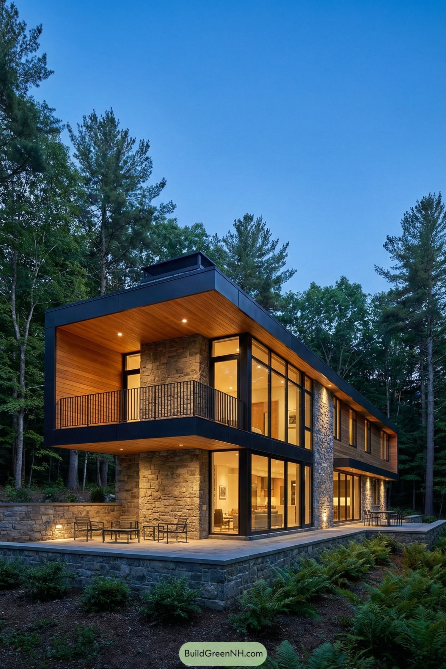 Two-story glass and stone forest house at dusk