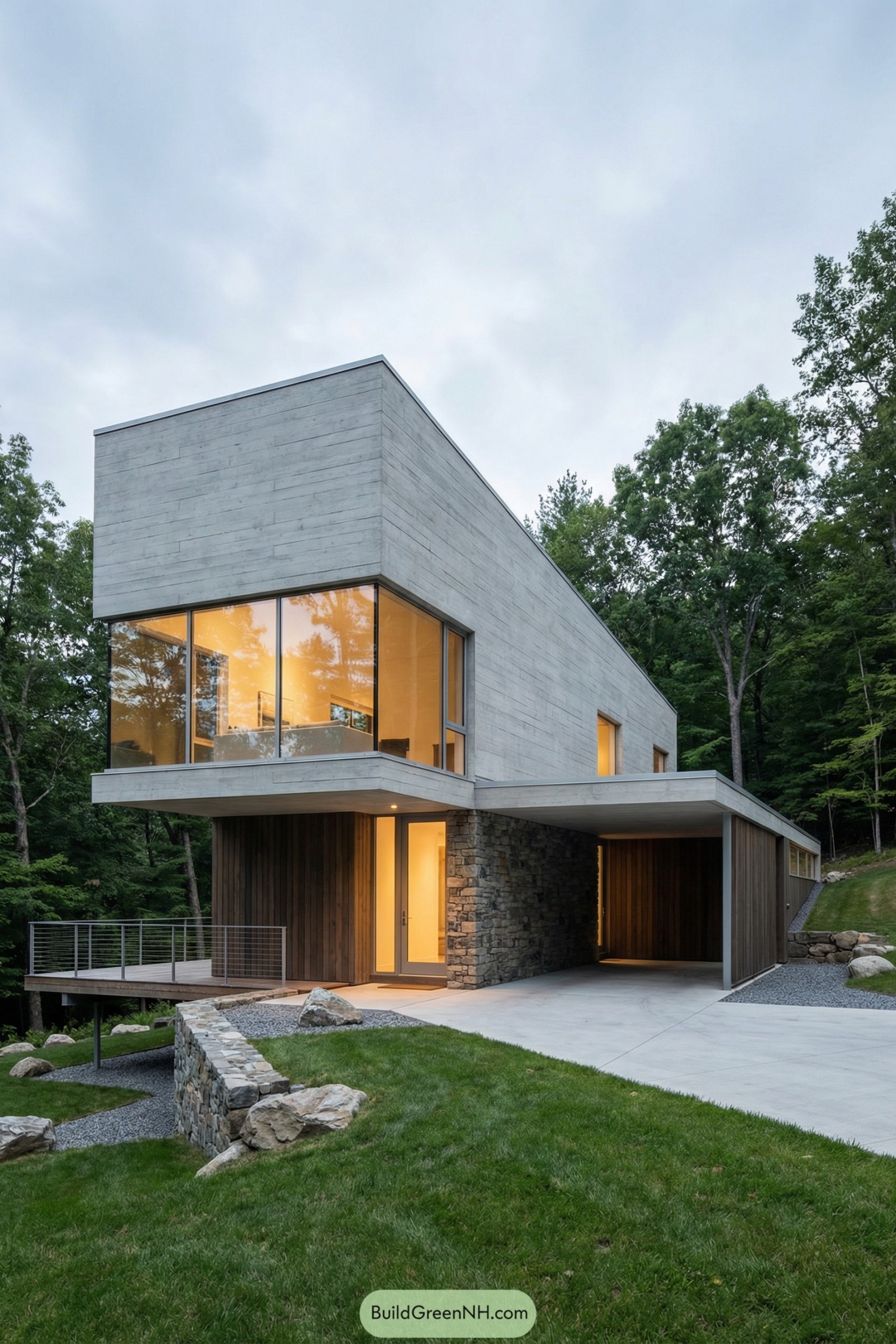 Modern concrete and wood house in forest