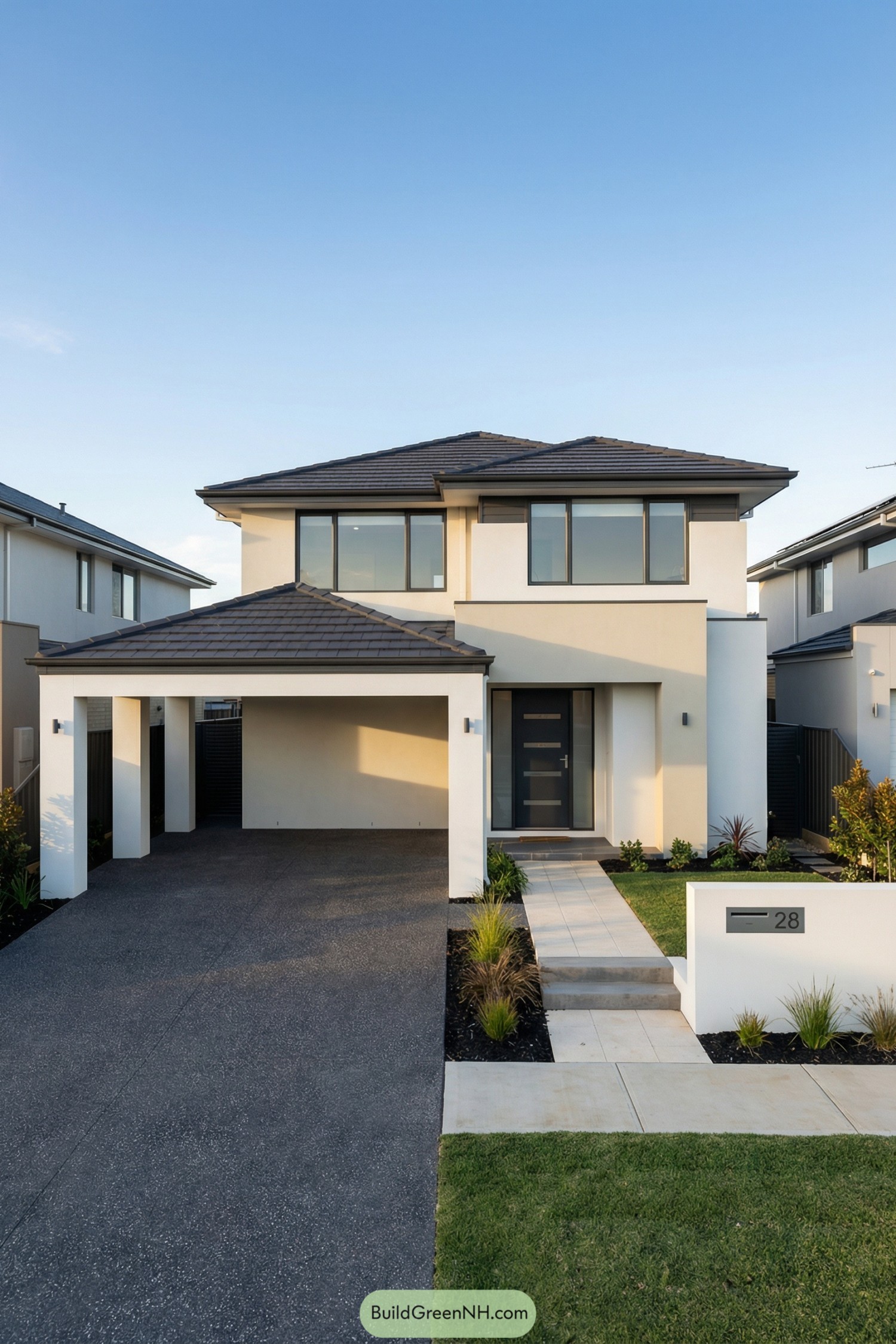Modern two story cream house with attached open carport and neat front garden