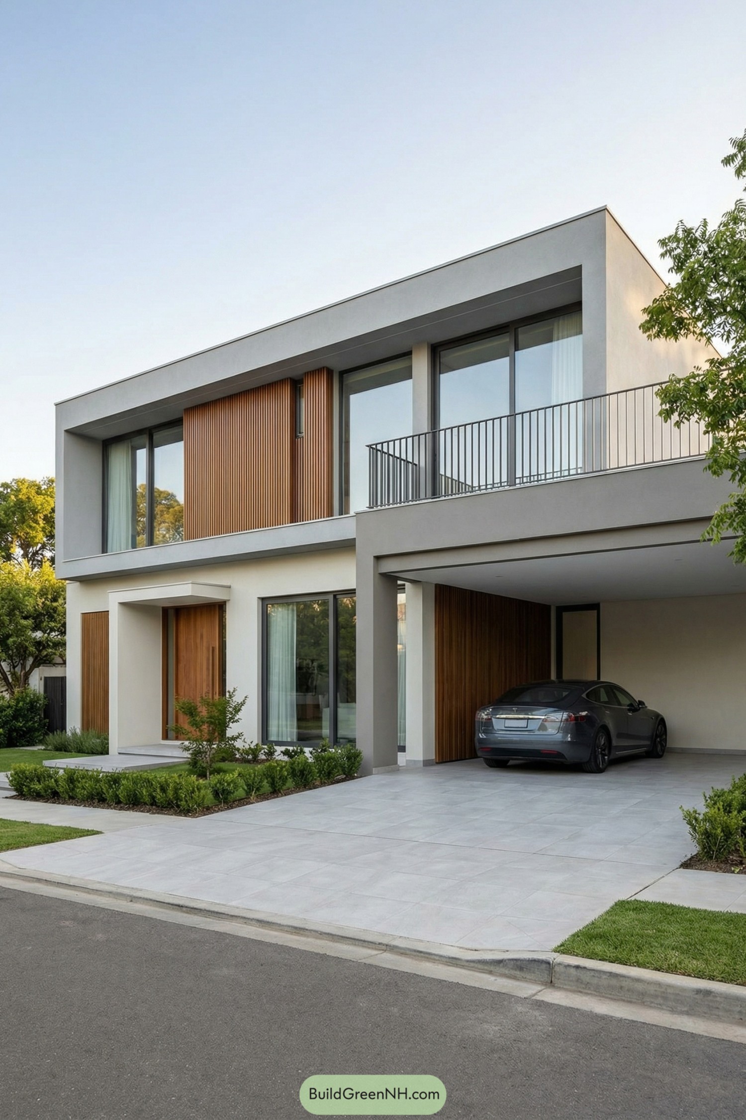 Two story flat roof house with large carport and tall windows framed by vertical wood panels