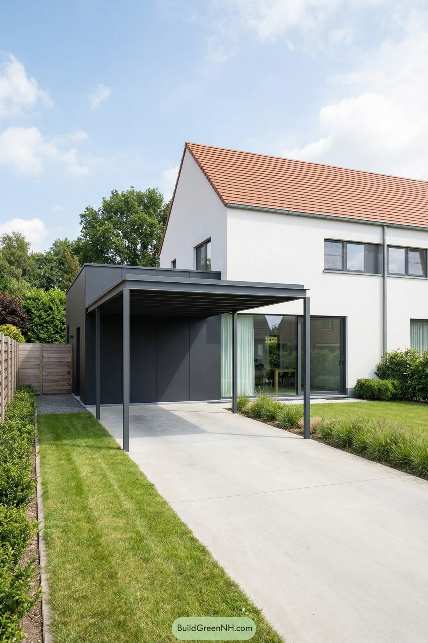 Modern white duplex with dark gray box carport and concrete driveway