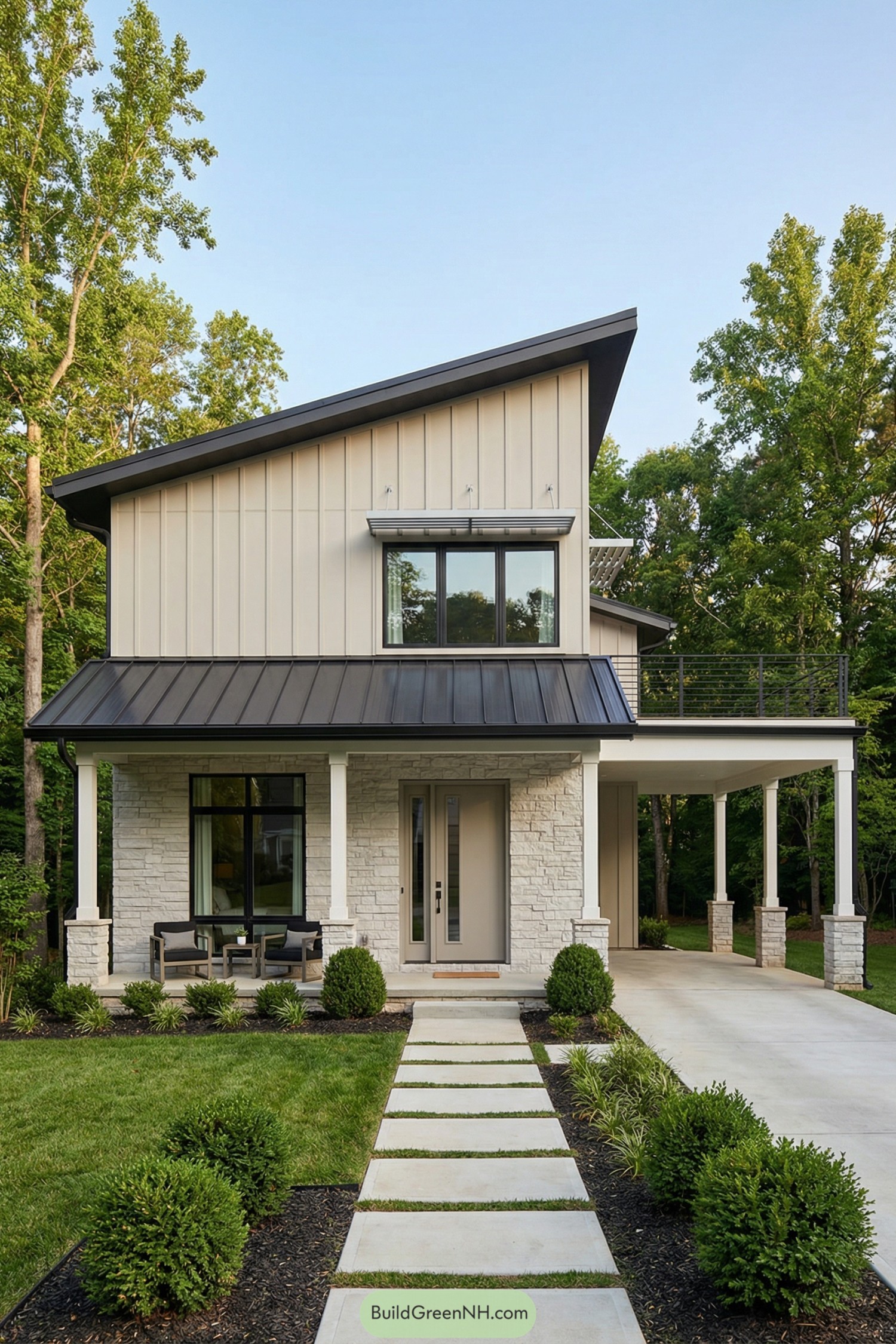 Modern two story house with sloped roof and open carport