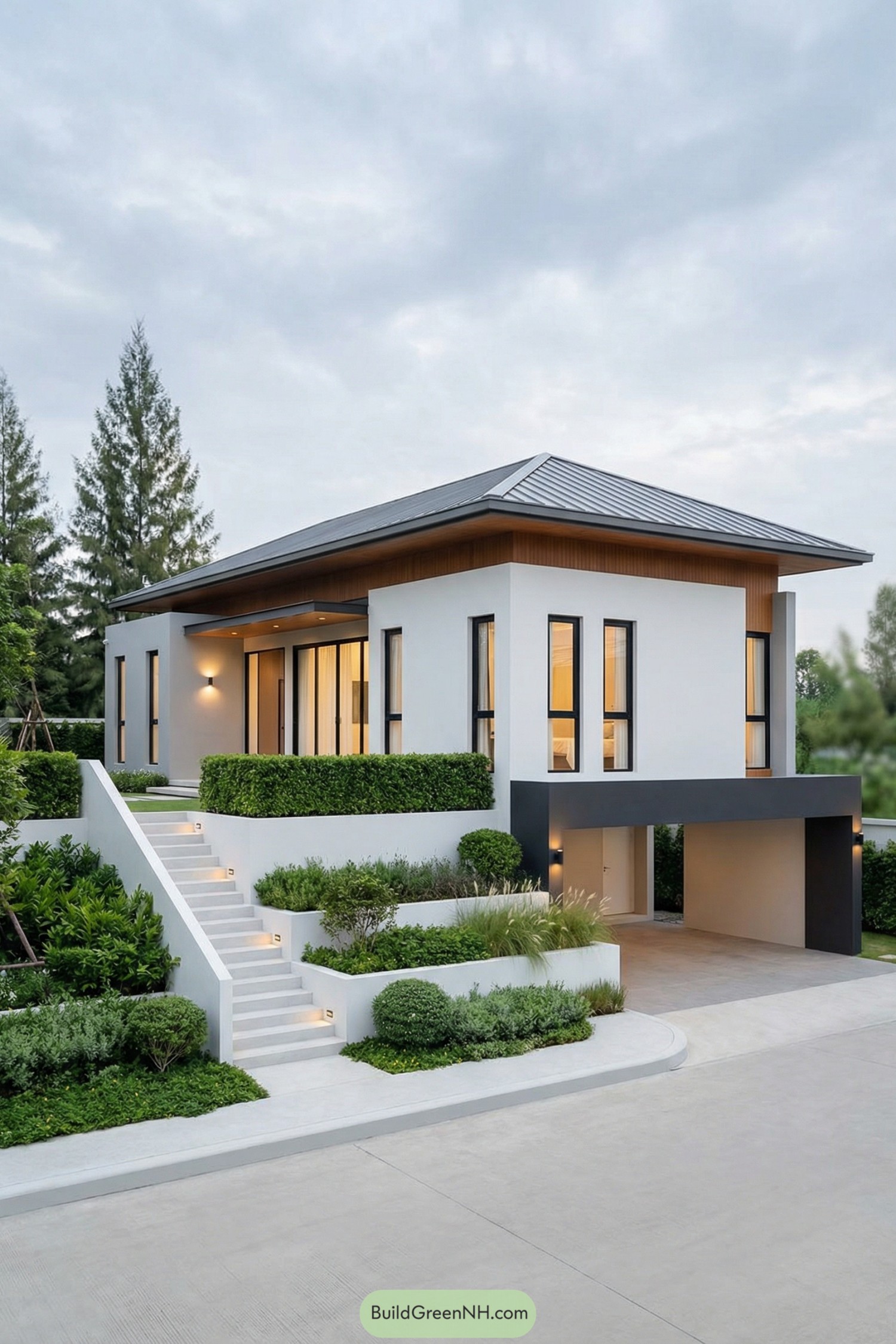 Modern two story white house with dark roof and integrated carport surrounded by layered greenery and terraced steps