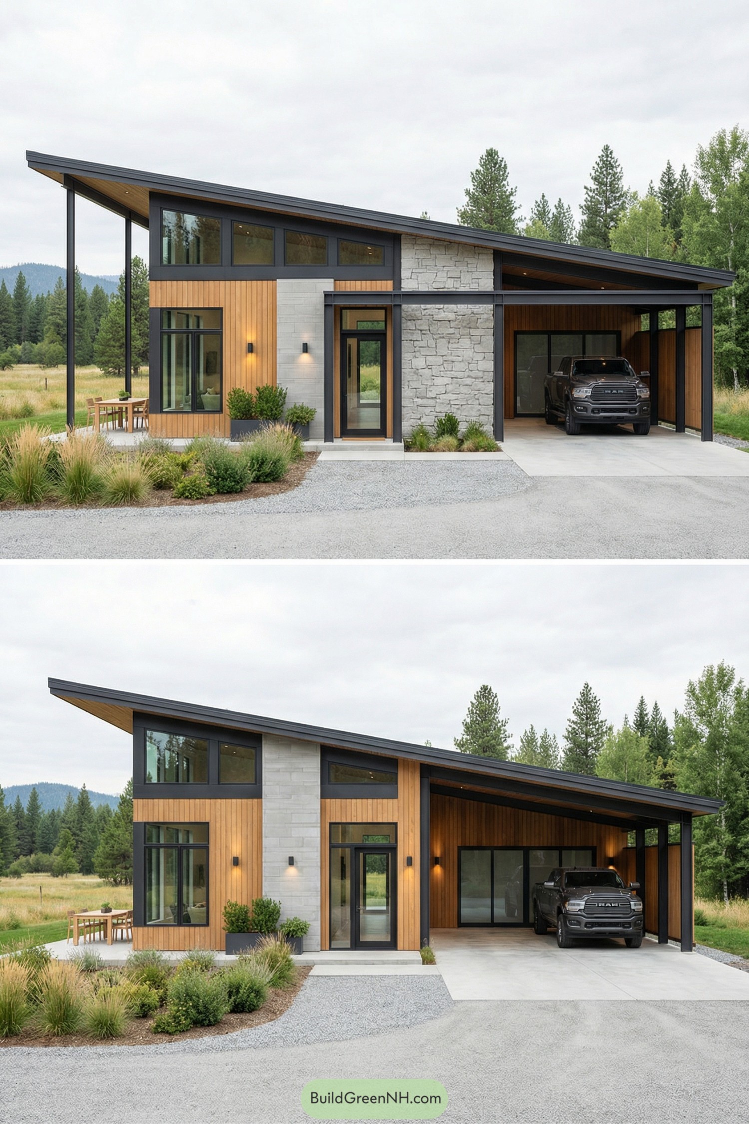 Modern single story house with sloped roof, wood and stone facade, and open carport beside the entry