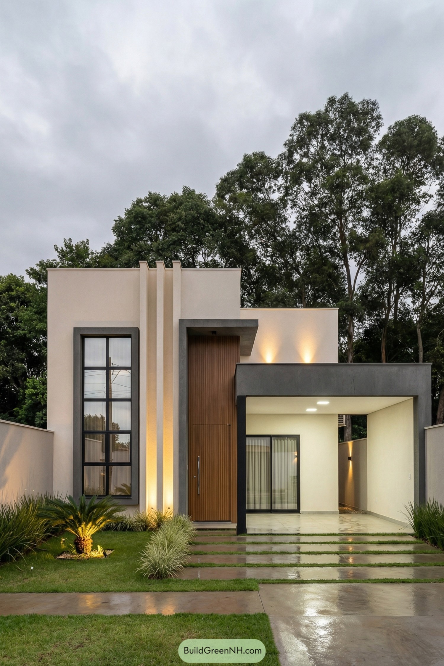 Modern flat roof house with tall entry and attached open carport