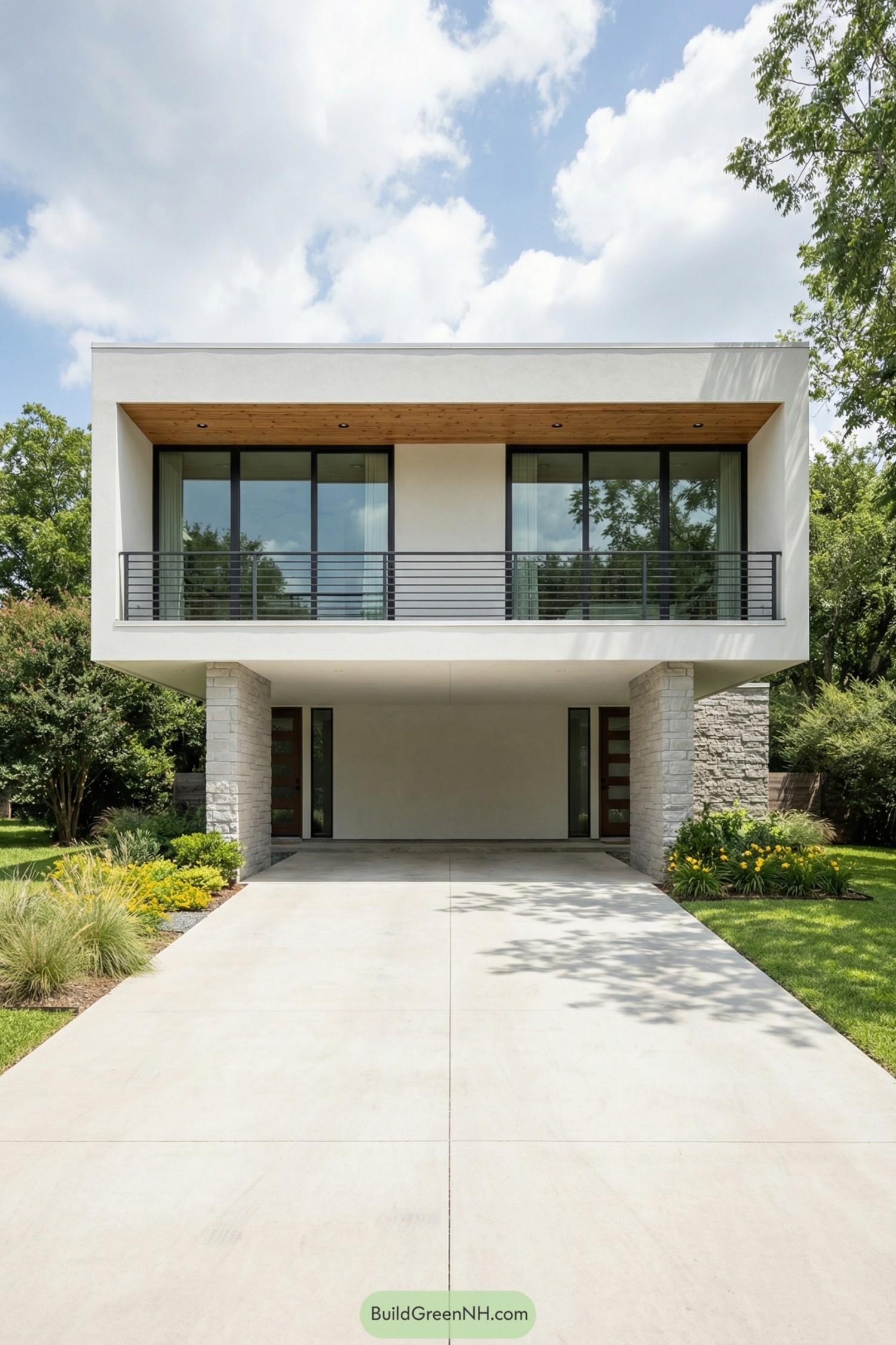 Modern two story white cube house with cantilevered upper floor creating a shaded carport and large glass balcony facing the driveway