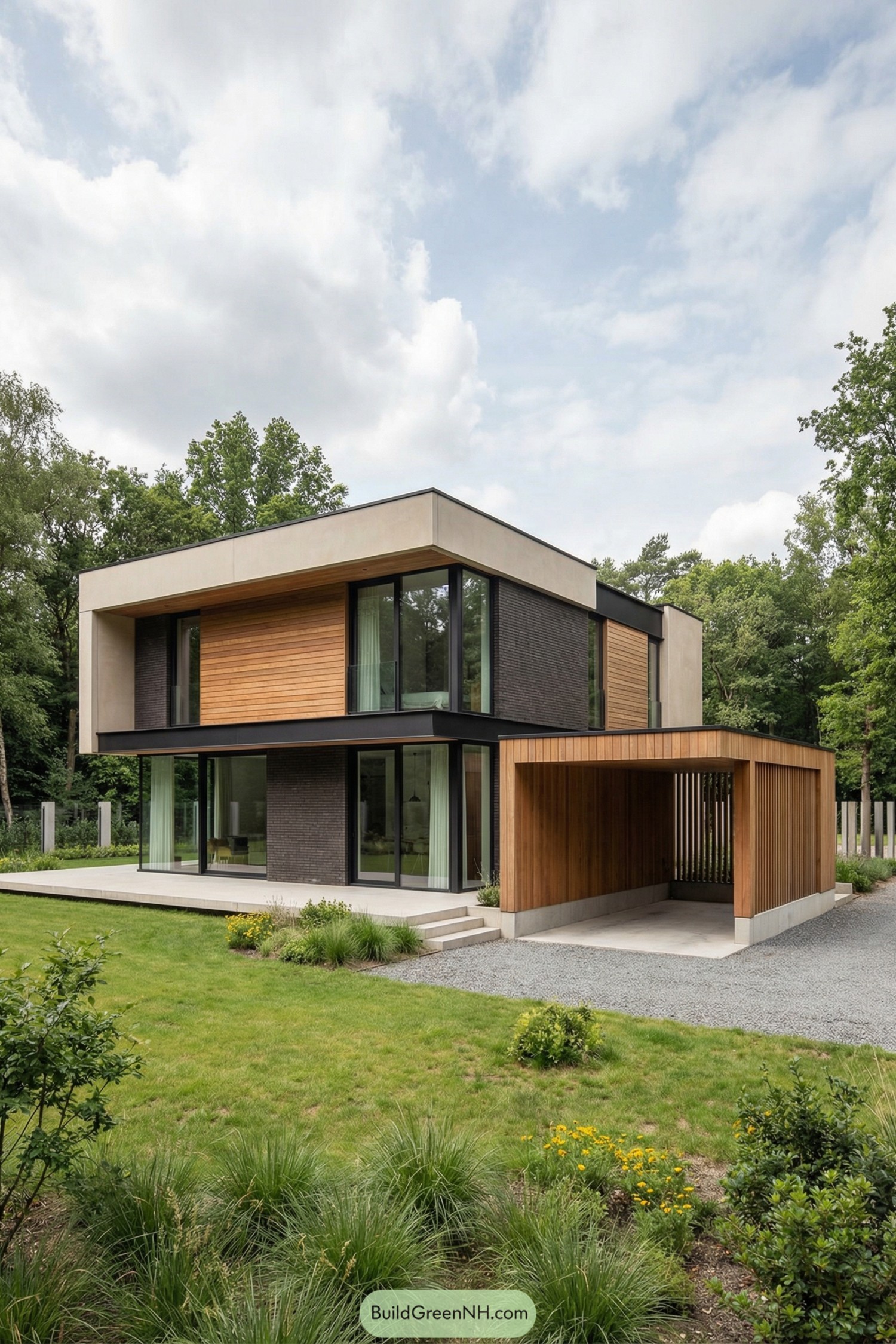 Two-story modern box house with attached wooden carport