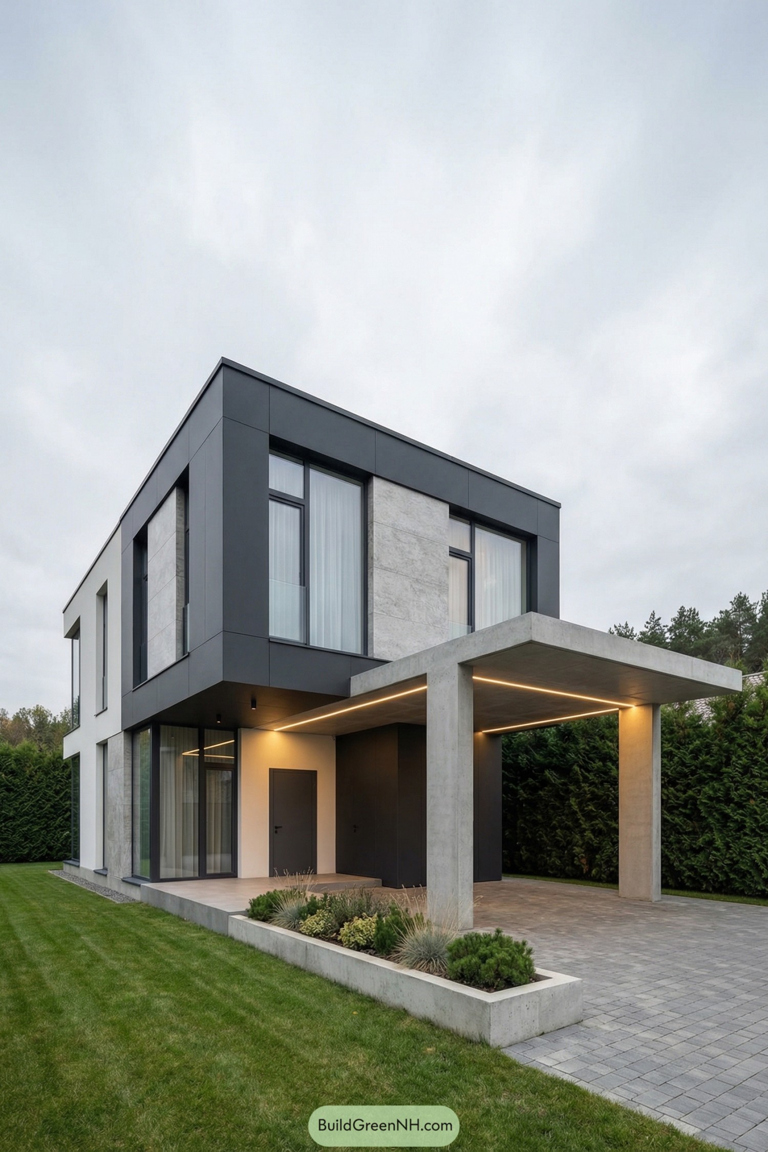Two story modern house with flat roof and minimalist carport in concrete and dark panels