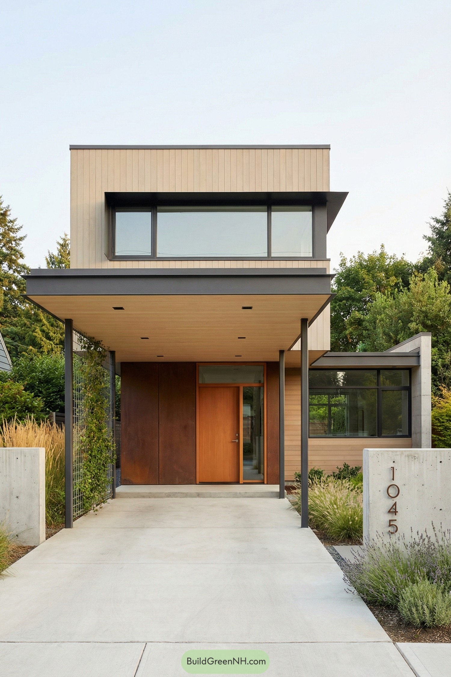 Modern two story house with flat roof and open carport leading to a wood front door