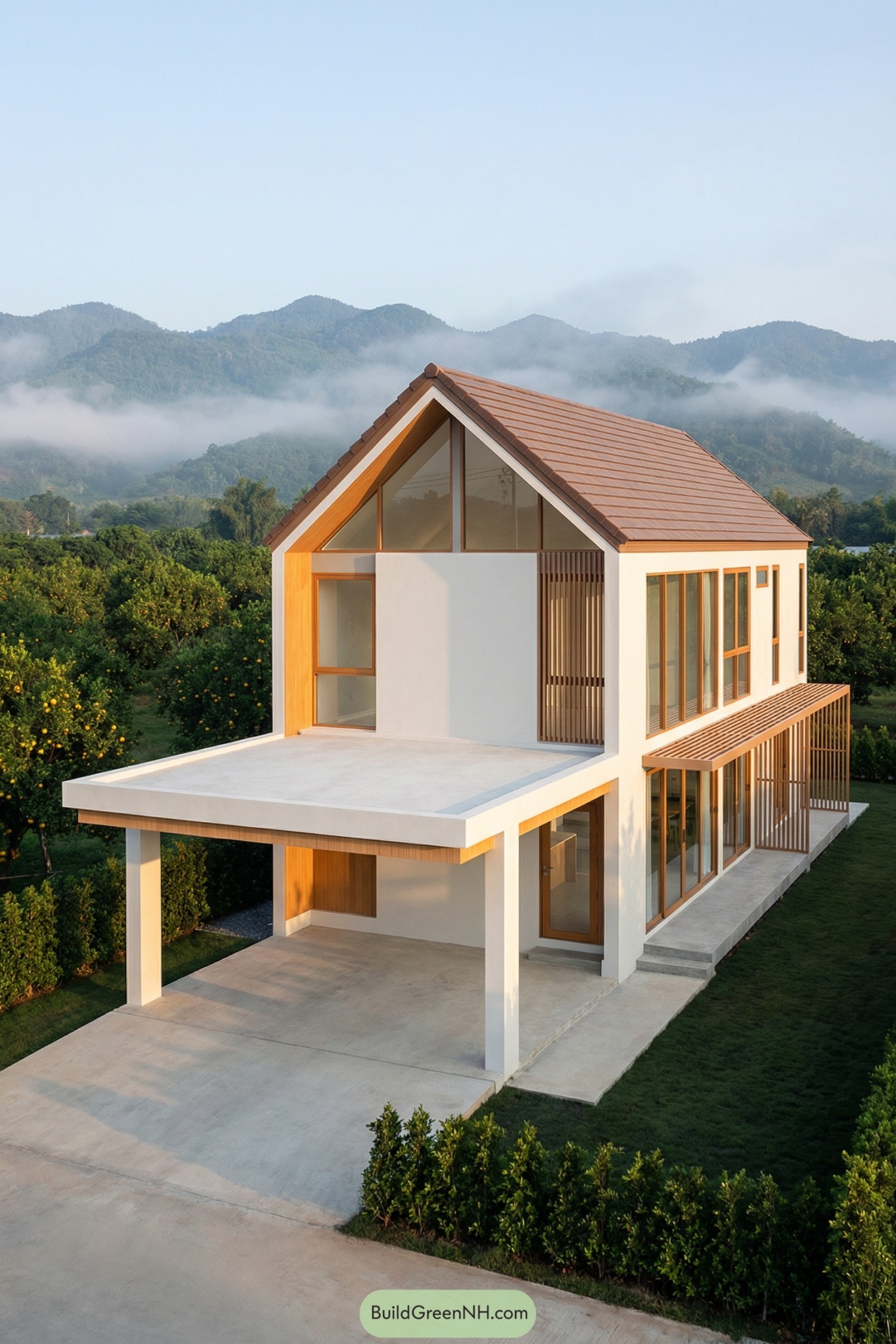 Modern two story white house with gable roof and open carport in a lush mountain setting