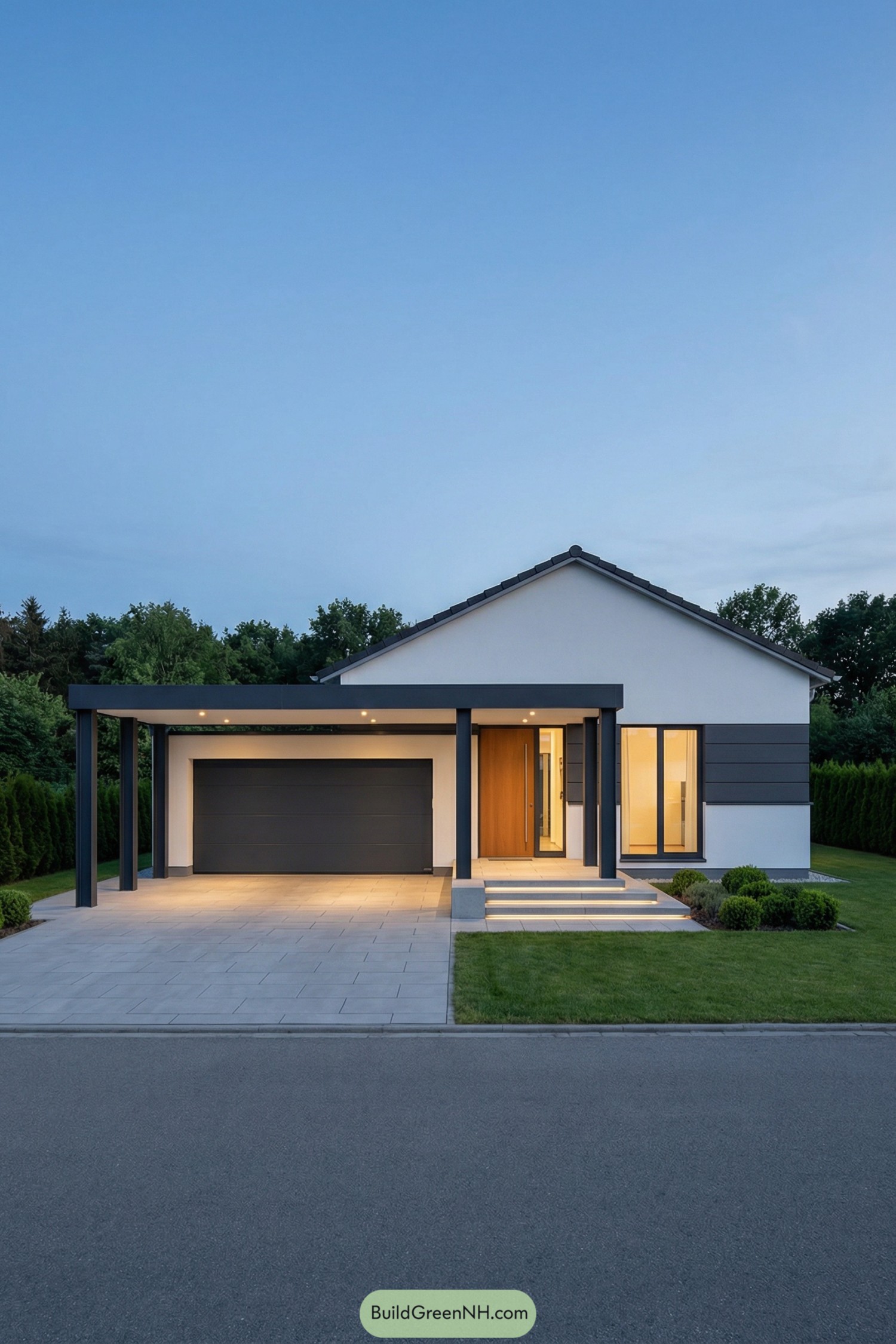Single story modern house with flat roof carport fronting garage and lit entry steps at dusk