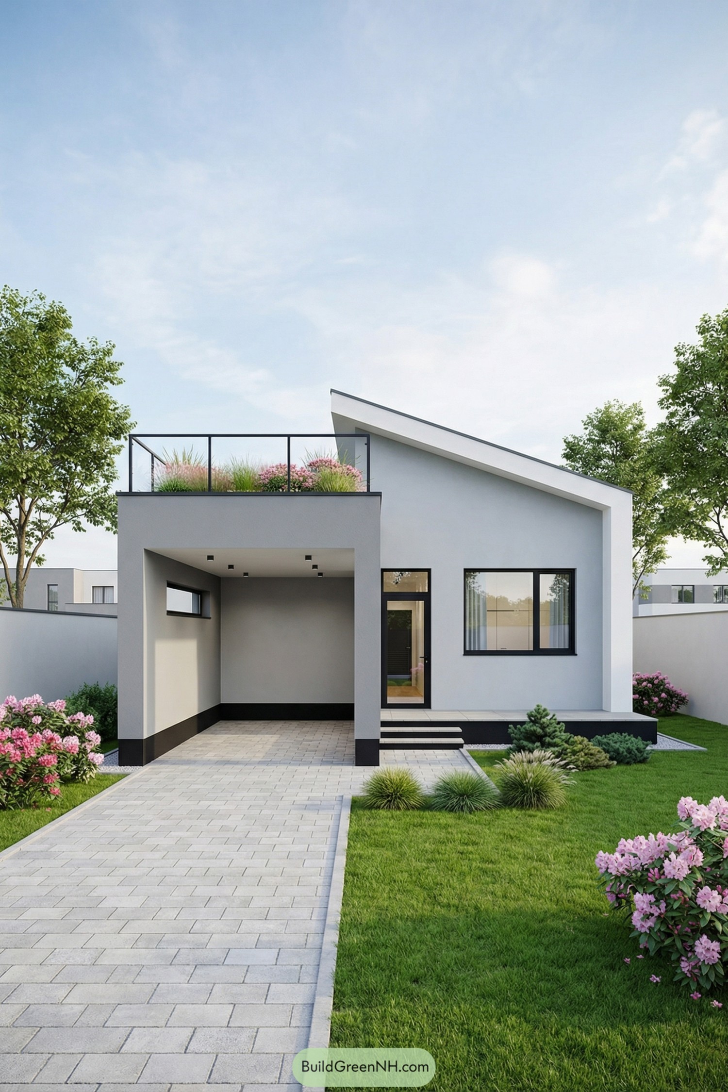 Modern gray house with sloped roof, rooftop planter, and open carport