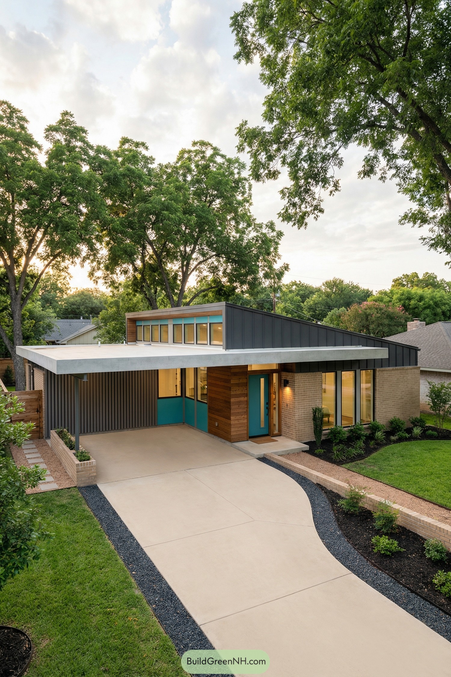 Modern single story home with flat roof carport and turquoise accents at the entry