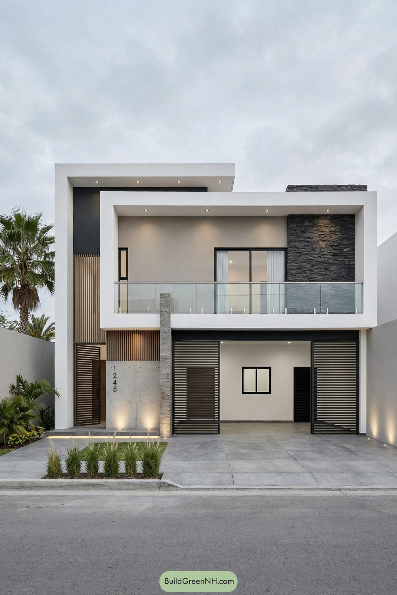 Modern two story house with boxy white frames stone accent wall and open carport