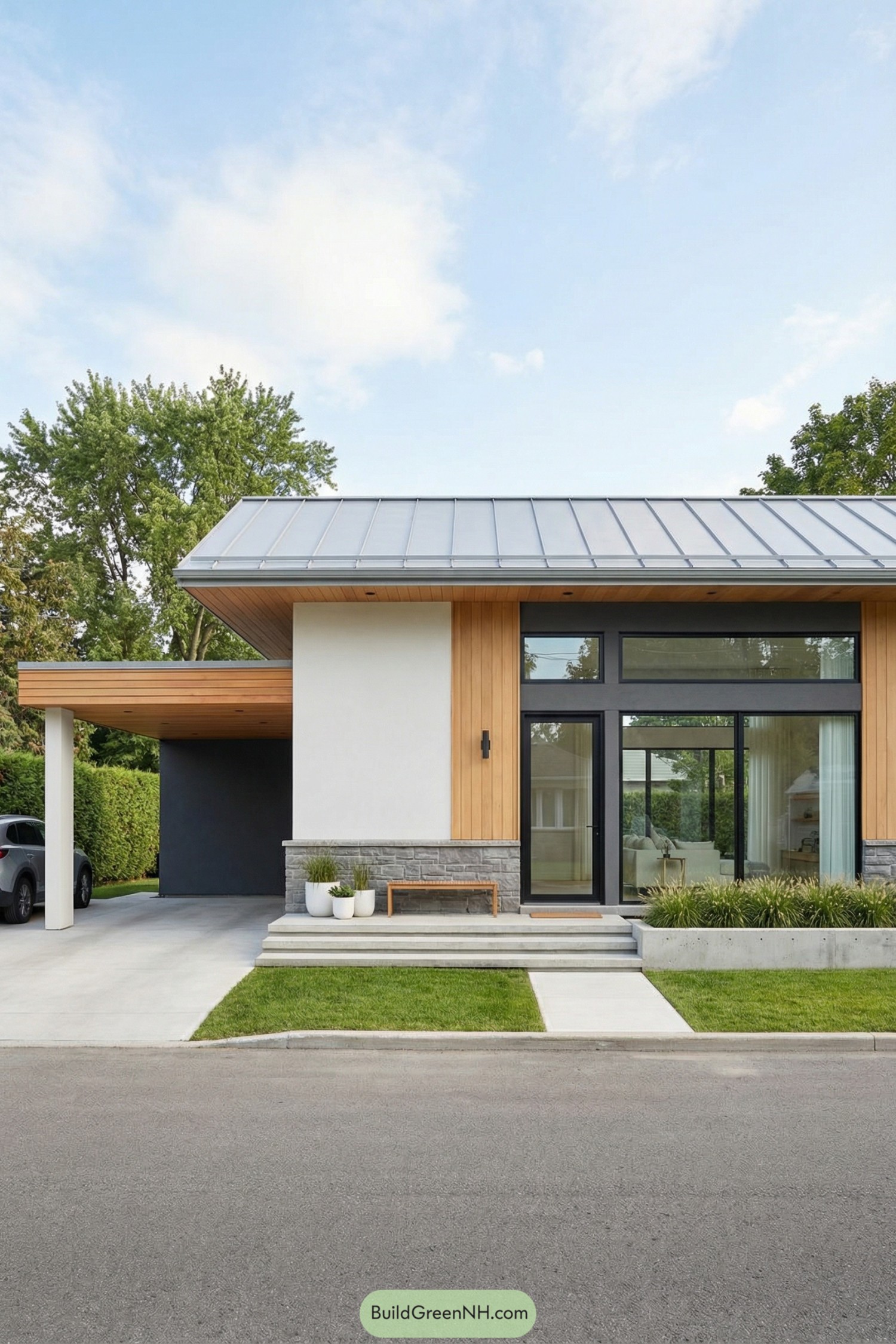 Modern single story house with wood accents large windows and an attached open carport