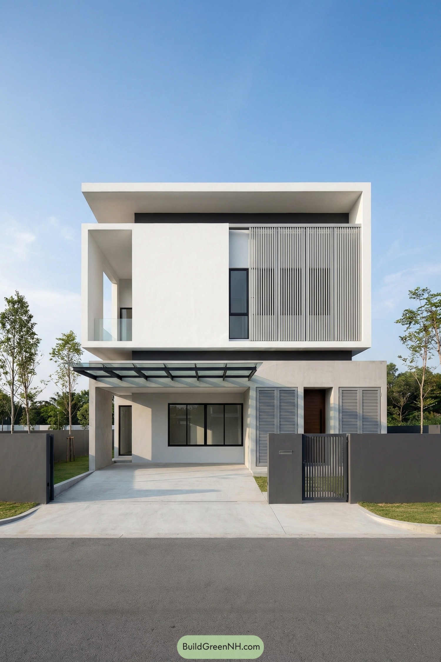 White cubic modern house with glass-roof carport and vertical screen detailing