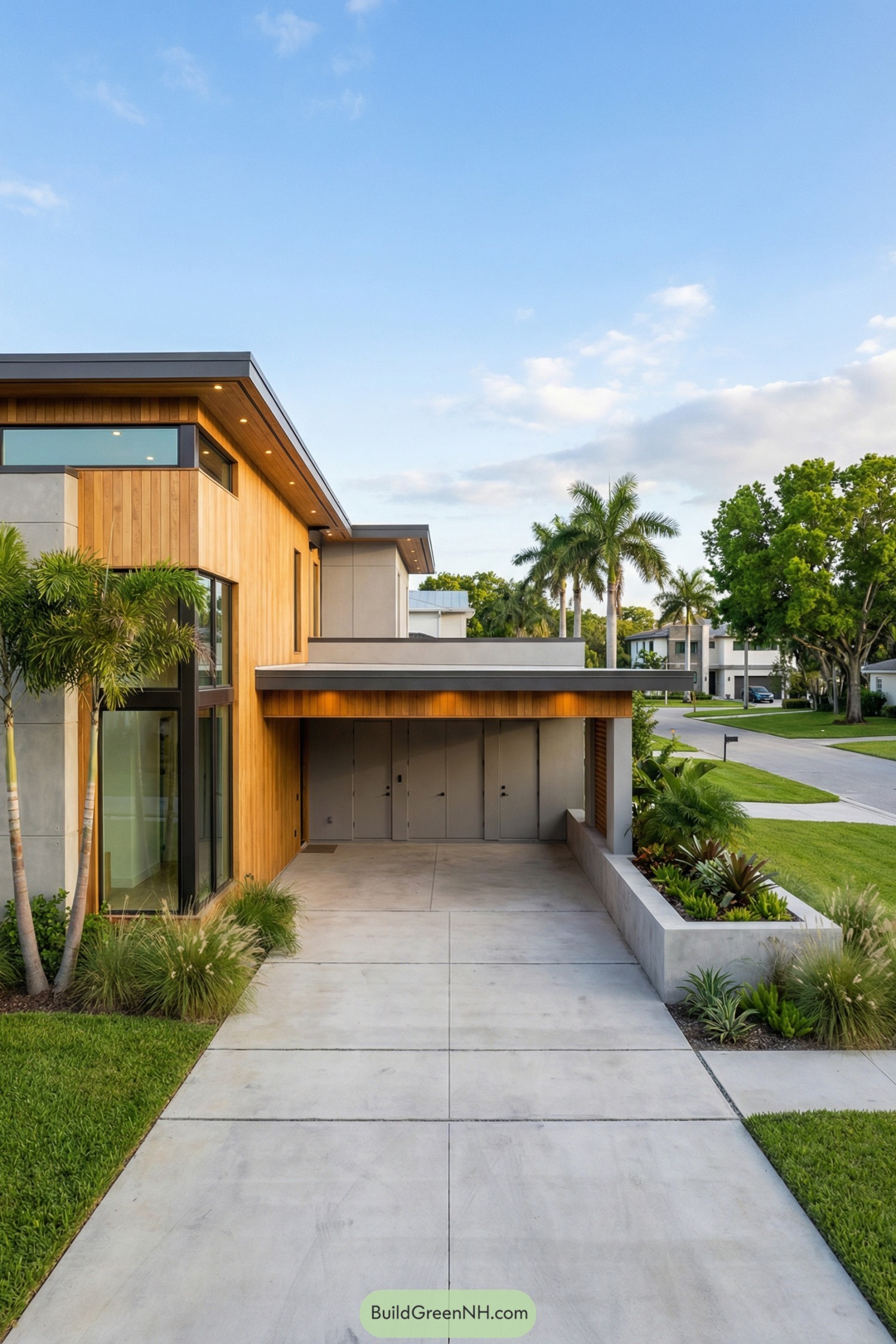 Modern two story house with warm wood siding and a flat roof carport framed by concrete planters and tropical landscaping