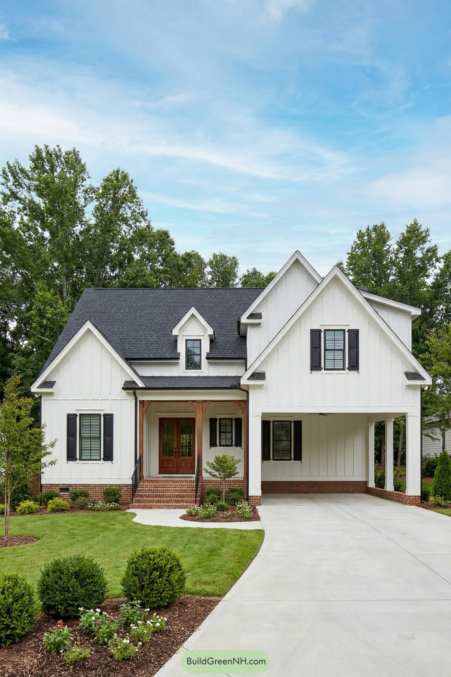 White modern farmhouse with attached carport