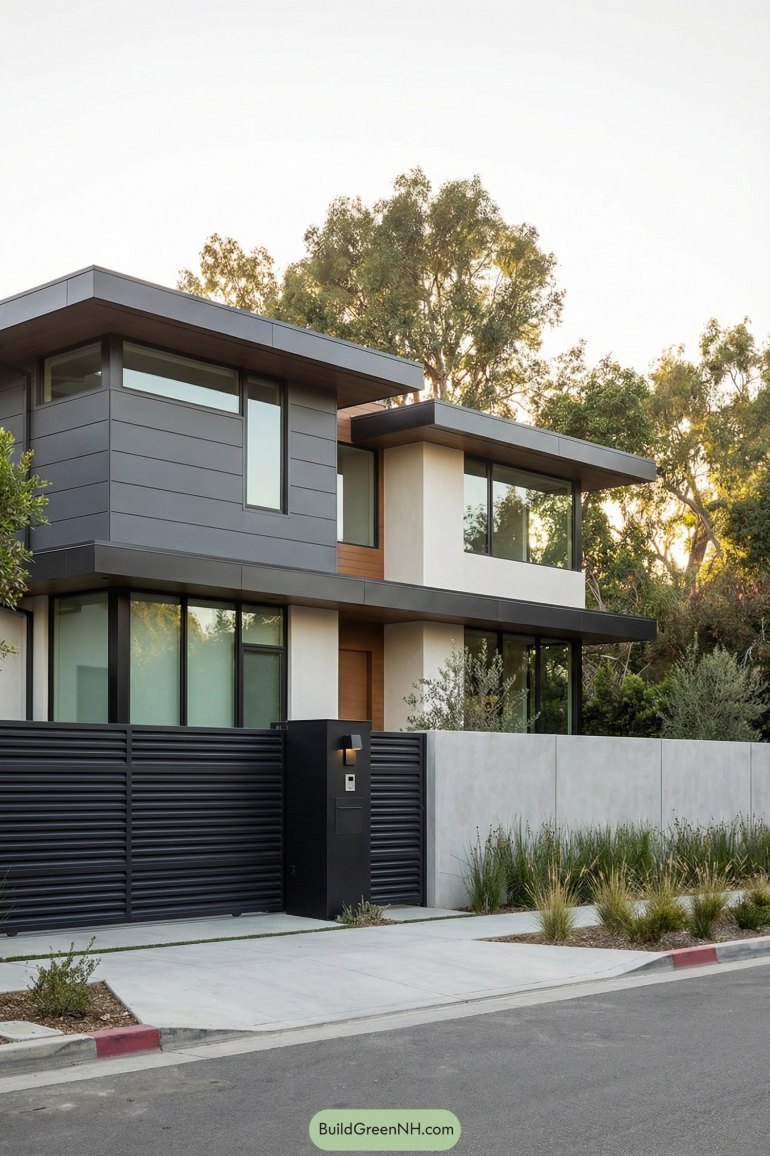 Two story modern house with sleek black gate and large windows