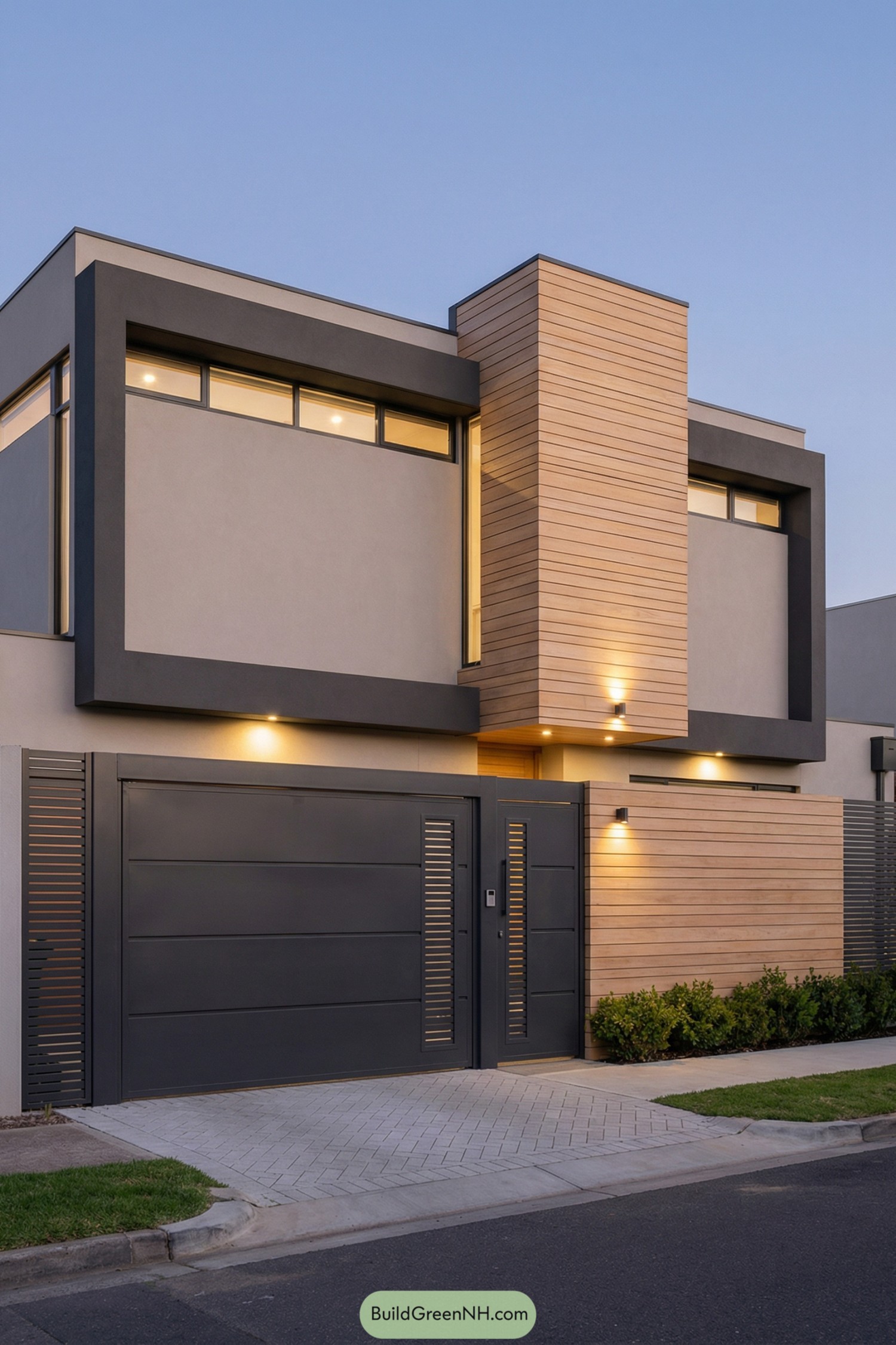 Modern two story house with gray facade wood cladding and solid dark metal gate at dusk