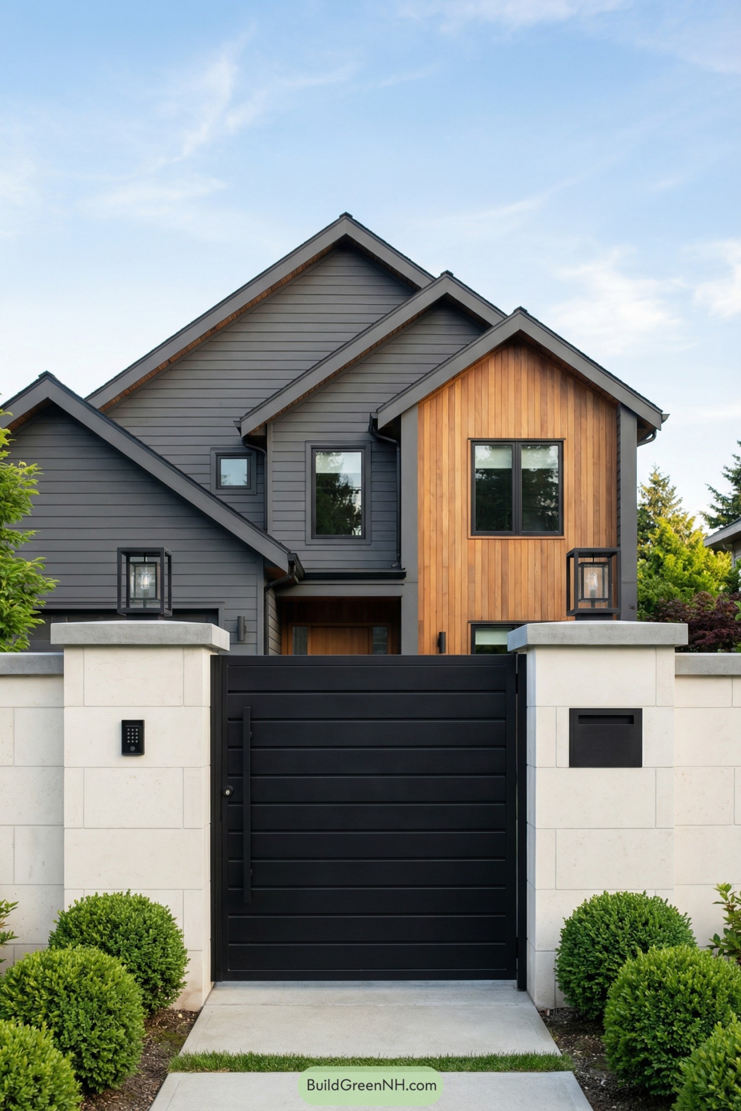 Modern two story house with dark siding wood accents and a solid black metal gate in a light stone wall