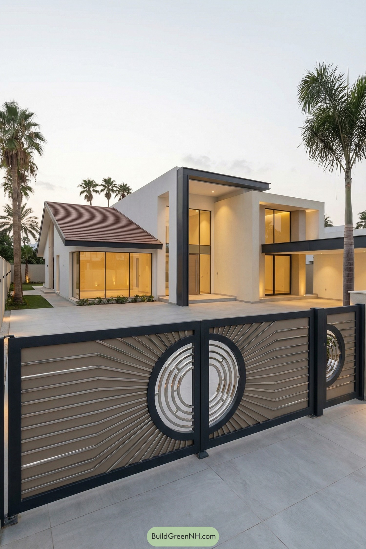 high-res photo of modern house with gates, contemporary minimalist facade with clean horizontal and vertical lines, low-rise volume with a mix of flat-roof blocks and a single pitched-roof wing, exterior walls in smooth white and light cream plaster with dark graphite metal trim, structure composed of rectilinear masses with recessed glass zones and deep wall reveals, main gate in the foreground built from a dark charcoal metal frame with wide horizontal beige metal slats and radial metallic ribs, large central circular opening filled with polished chrome ring elements forming a bold geometric motif on both leaves of the double gate and repeated on the side panel, building materials including painted plaster, powder-coated steel, brushed aluminum, and clear floor-to-ceiling glass, flat roofing finished with crisp parapet edges and the pitched portion clad in reddish-brown roof tiles, large frameless or slim-framed windows in warm-tinted glass emitting soft yellow interior light, simple glazed entrance door behind the gate with dark slim metal frame, linear canopy slab supported by a single light-colored rectangular column adjacent to the gate, wide light-grey porcelain-tiled driveway laid in a neat grid pattern leading from the gate to the recessed entrance, narrow strips of manicured deep-green lawn flanking the paved approach, tall slender palm trees placed near the facade and along the side boundary, low white boundary walls extending from the house and integrating the gate structure, distant background of more palm silhouettes against a pale evening sky, subtle twilight ambiance with soft exterior lighting highlighting metal and glass surfaces, overall composition symmetrical around the central circular gate motif and framed at a low eye-level angle for a picture-perfect street-side view, single real-life photo, high-resolution, architectural photography, soft lighting, cinematic composition.