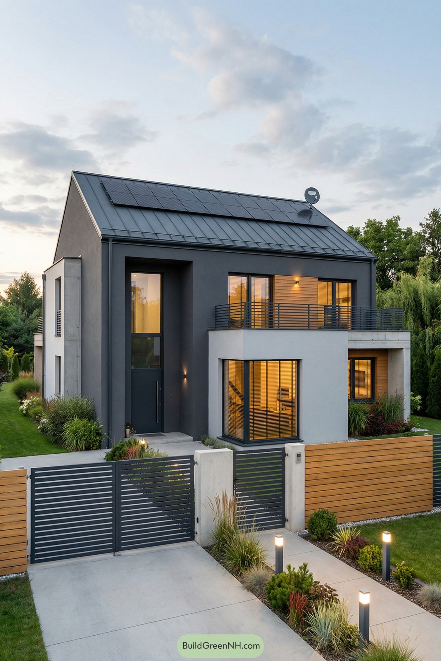 Modern two story house with solar roof and horizontal slat metal and wood gate at landscaped driveway