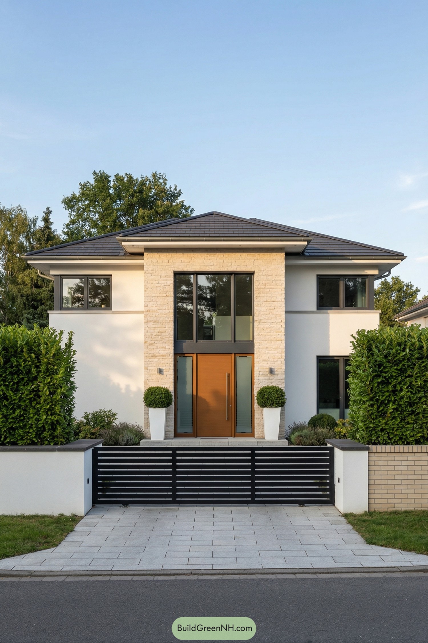 Modern two story home with stone entry, tall wooden door, and horizontal metal driveway gate