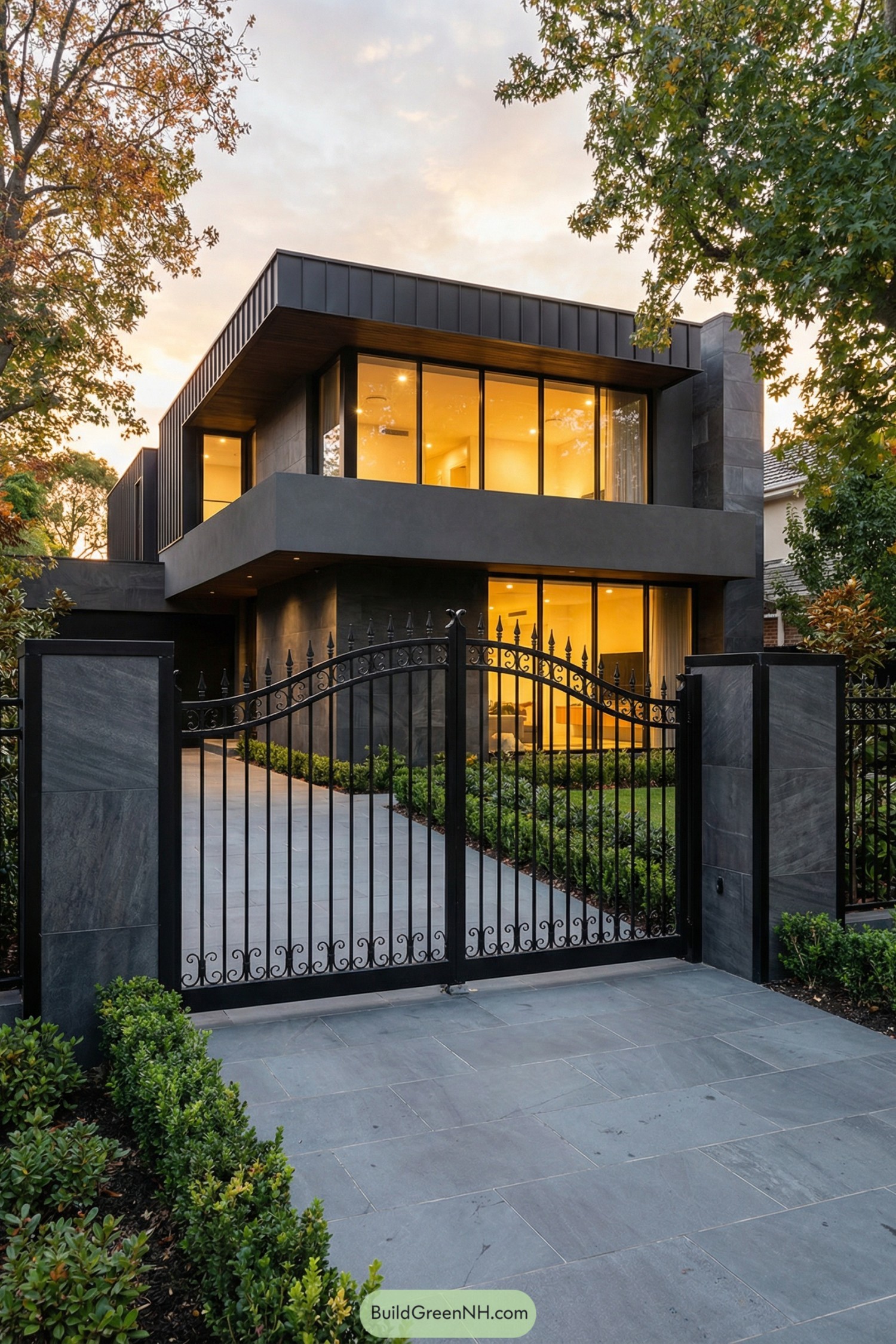 Modern two story black house with large warm windows and ornate black metal gate at front driveway