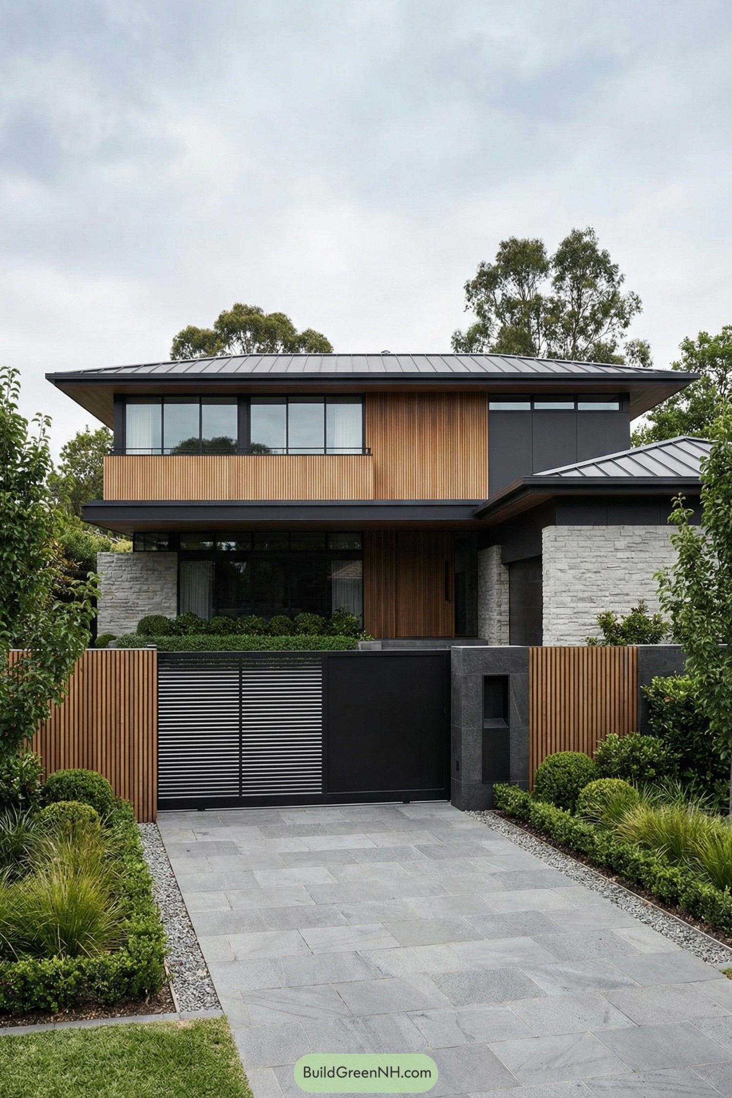 Two story modern home with timber cladding stone walls and a black metal gate along a landscaped driveway