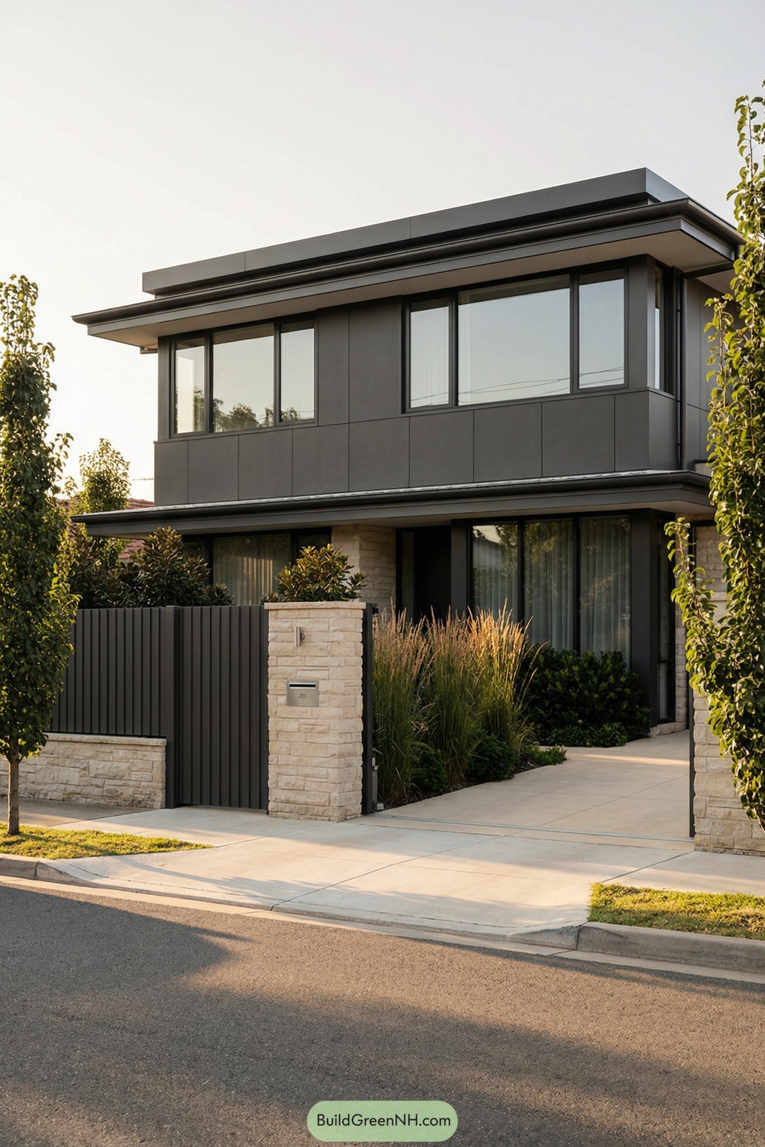 Two story modern home with stone and metal gate