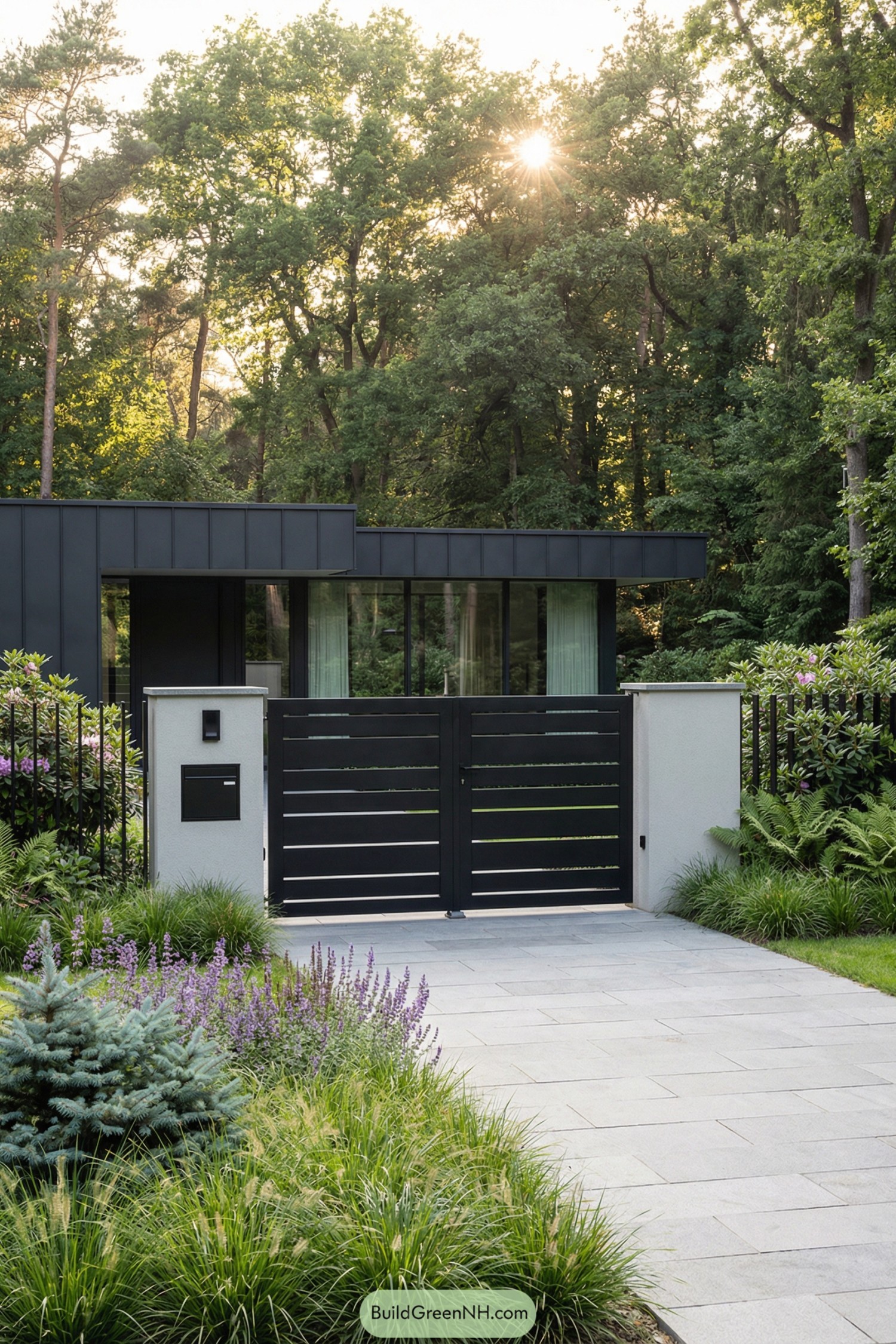 Modern black metal gate in front of low glassy house surrounded by lush greenery