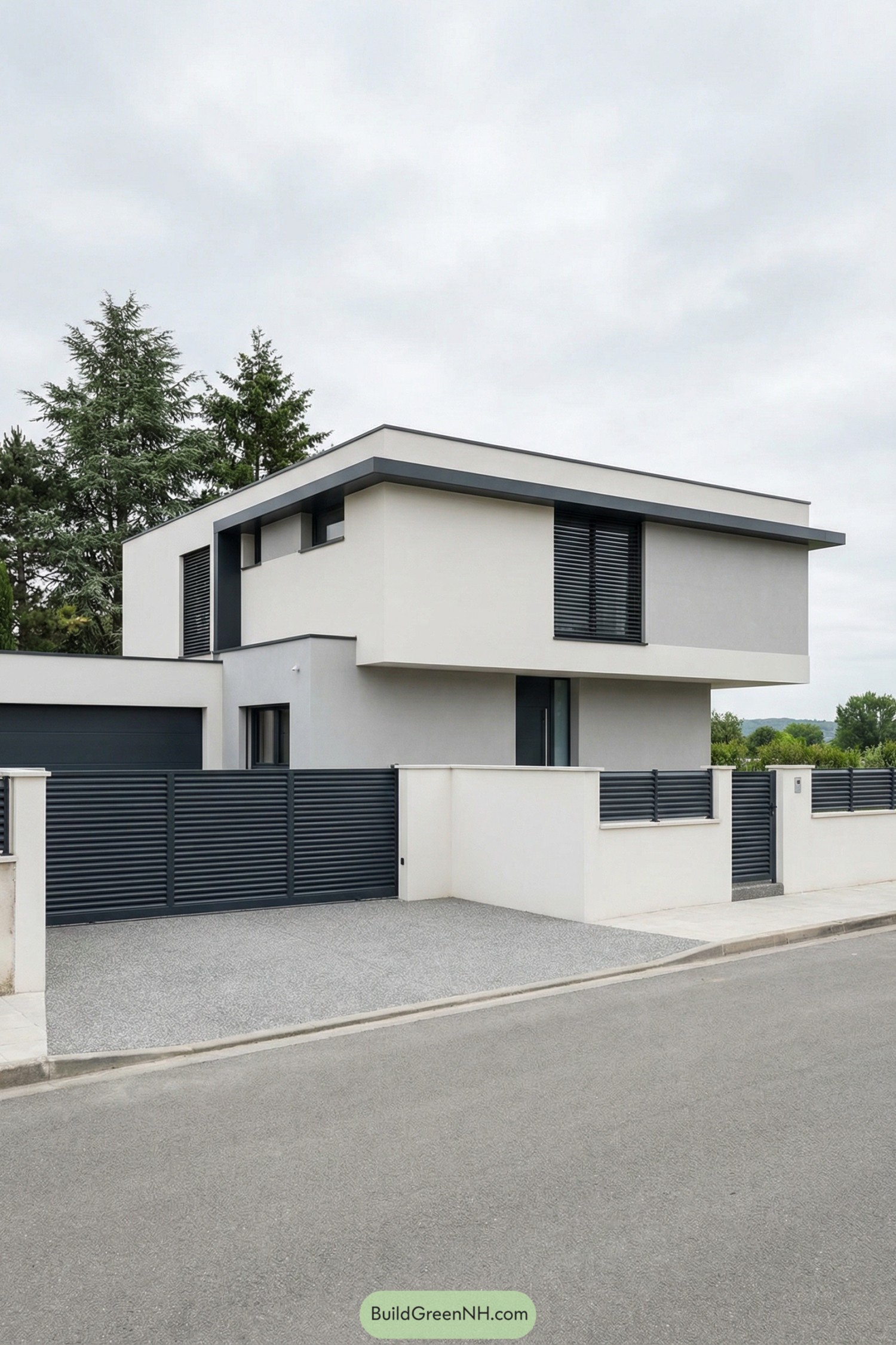 Modern two story white house with dark gray slatted metal gate and matching shutters along a quiet street