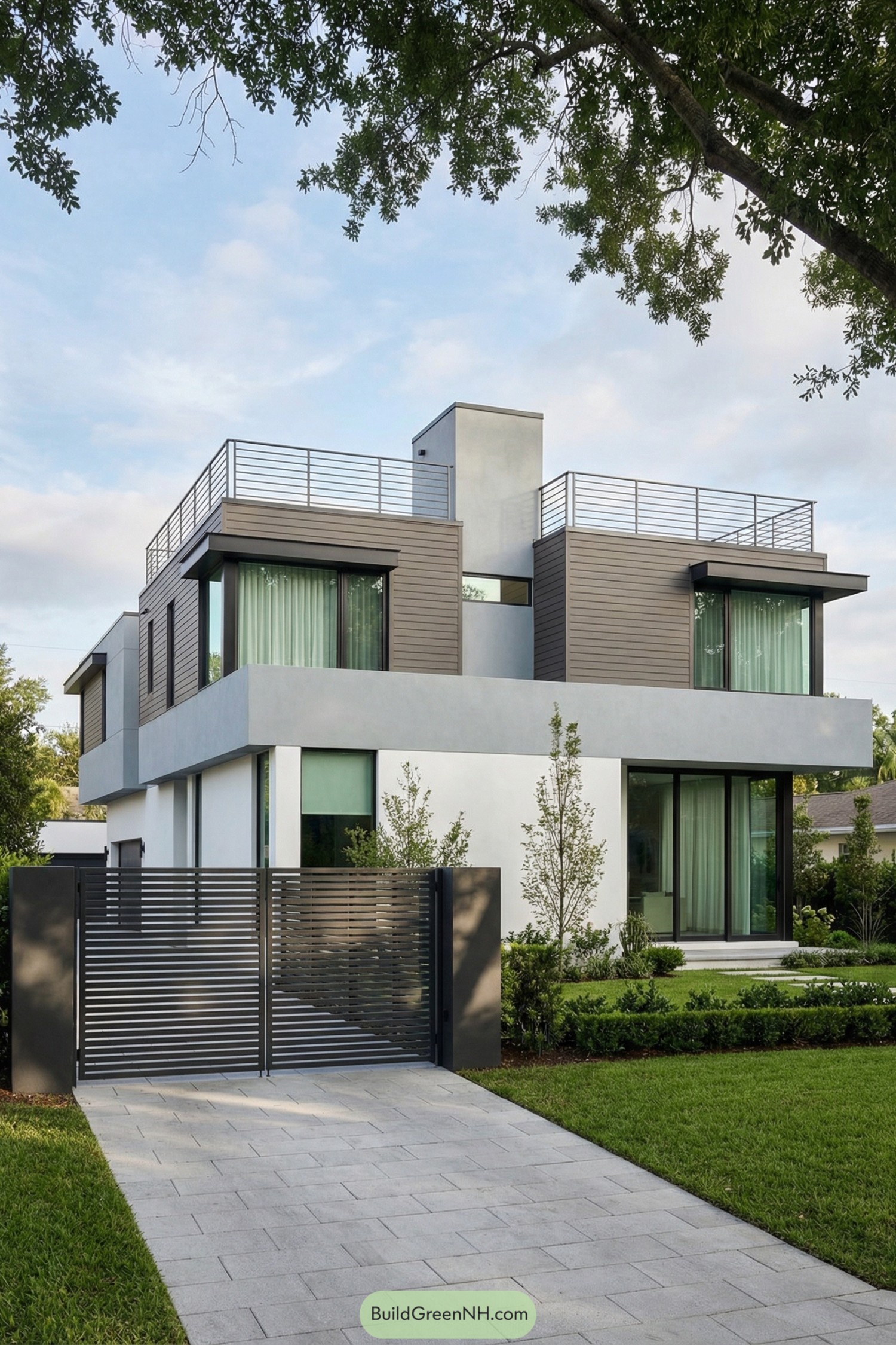 Modern two story house with stacked box volumes large glass windows and a horizontal slat metal driveway gate