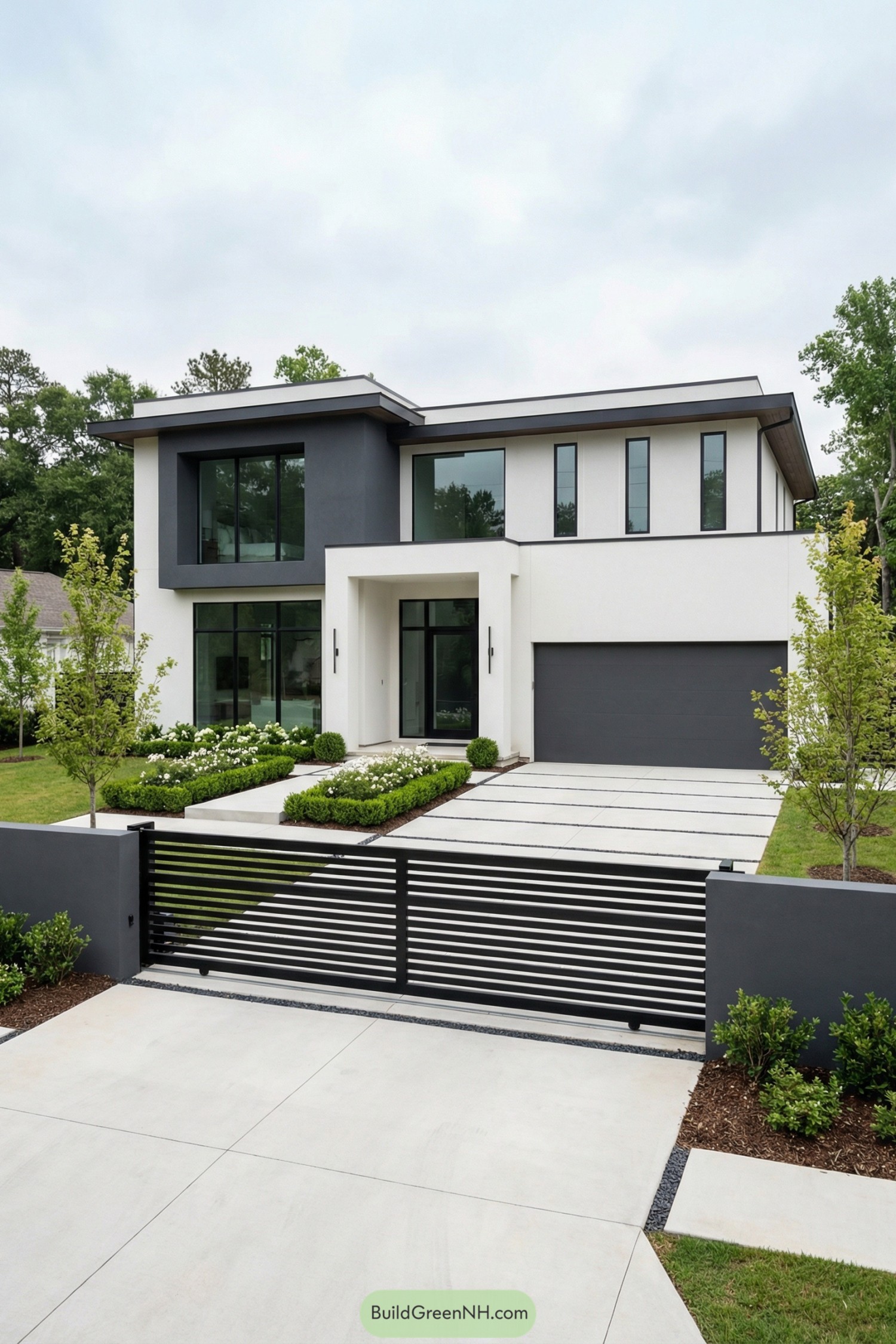 Modern two story white and gray house with black slatted driveway gate and minimalist landscaping