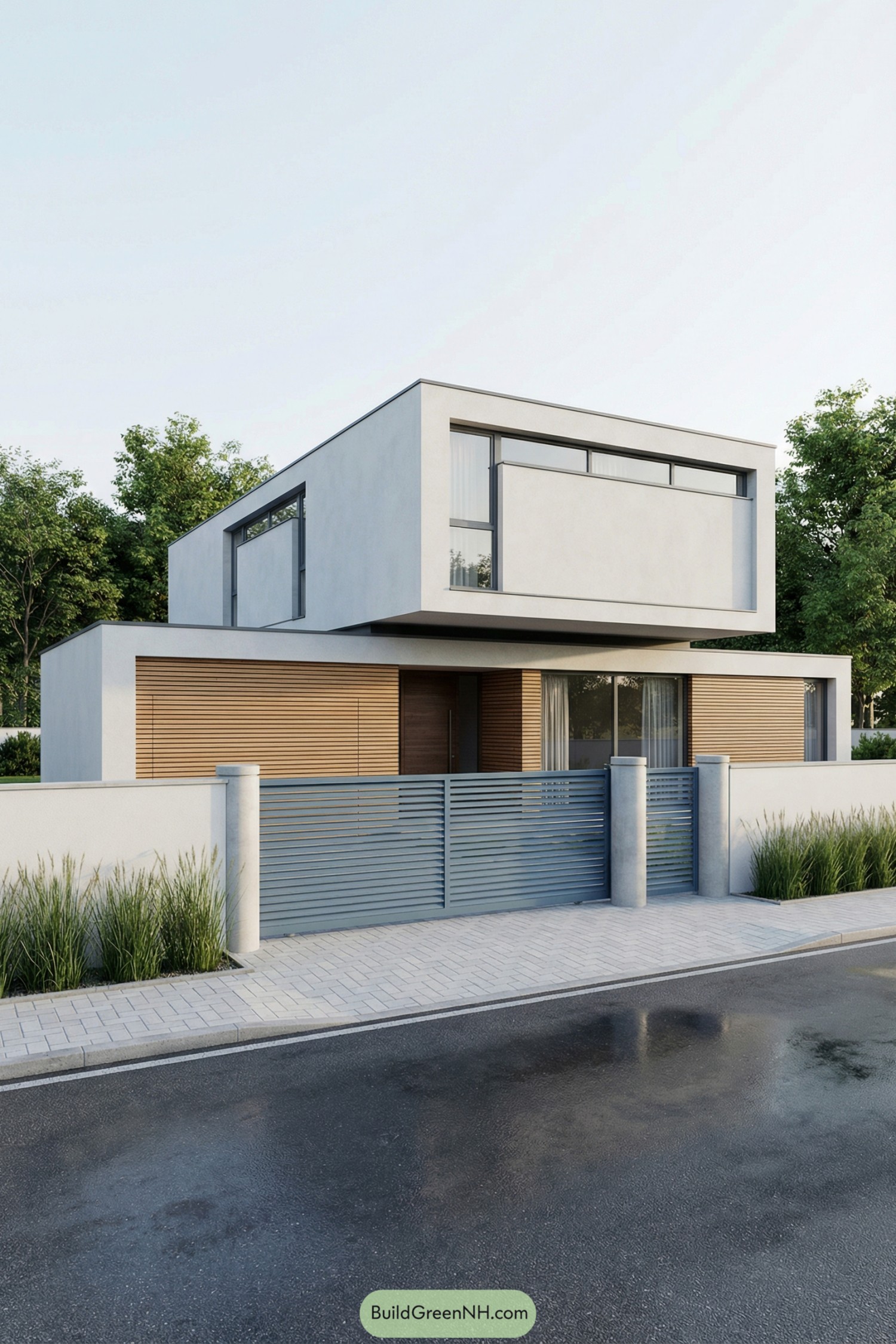 Modern two story house with floating upper level and horizontal metal gate