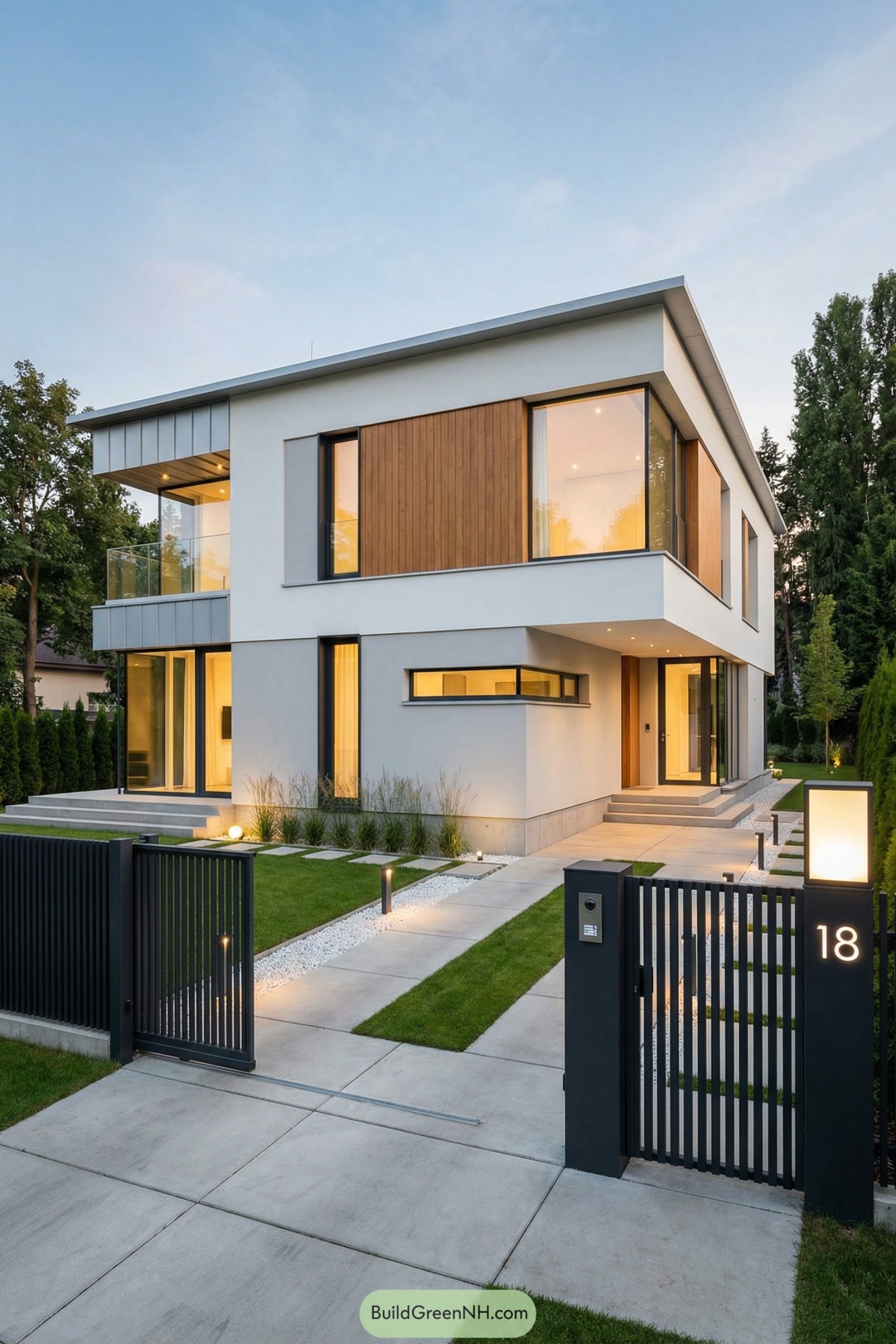 Modern two story house with clean lines and dark metal gate at number 18