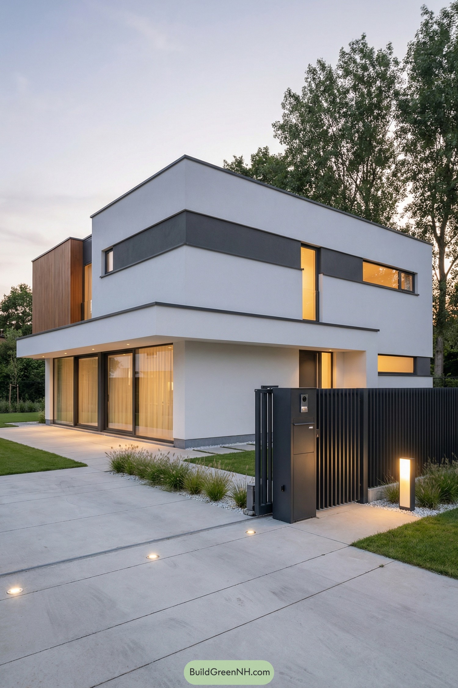 Modern white cubic house with dark horizontal banding and a sleek black metal entry gate at dusk