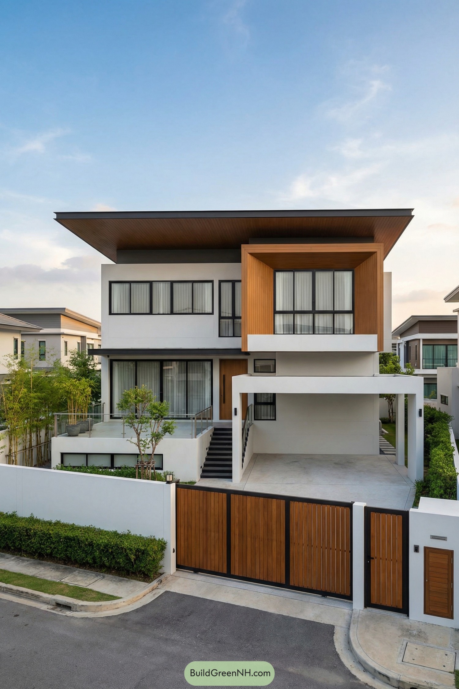 Modern white two story house with flat roof and warm wood framed gate and balcony