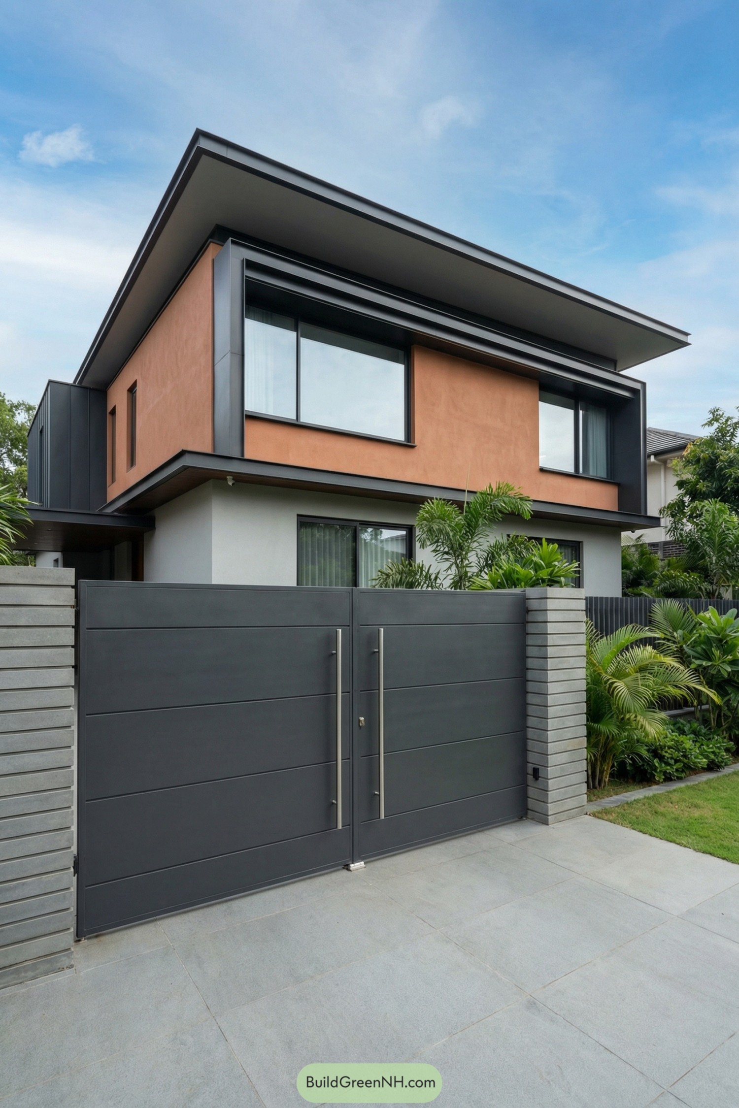 Modern two story home with dark gray privacy gate and terracotta upper facade