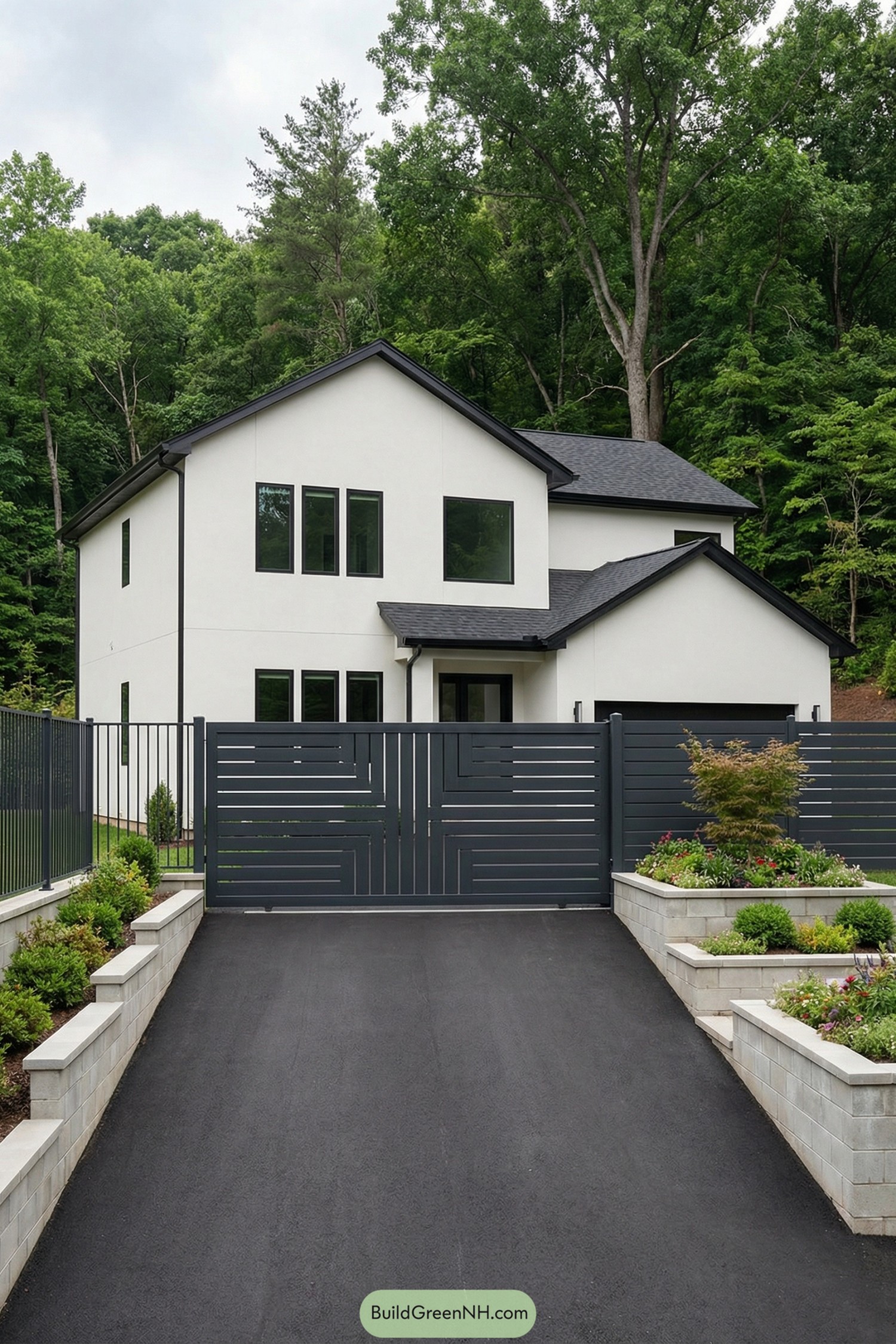 Modern white two story house with dark geometric metal gate and raised garden beds lining a black driveway